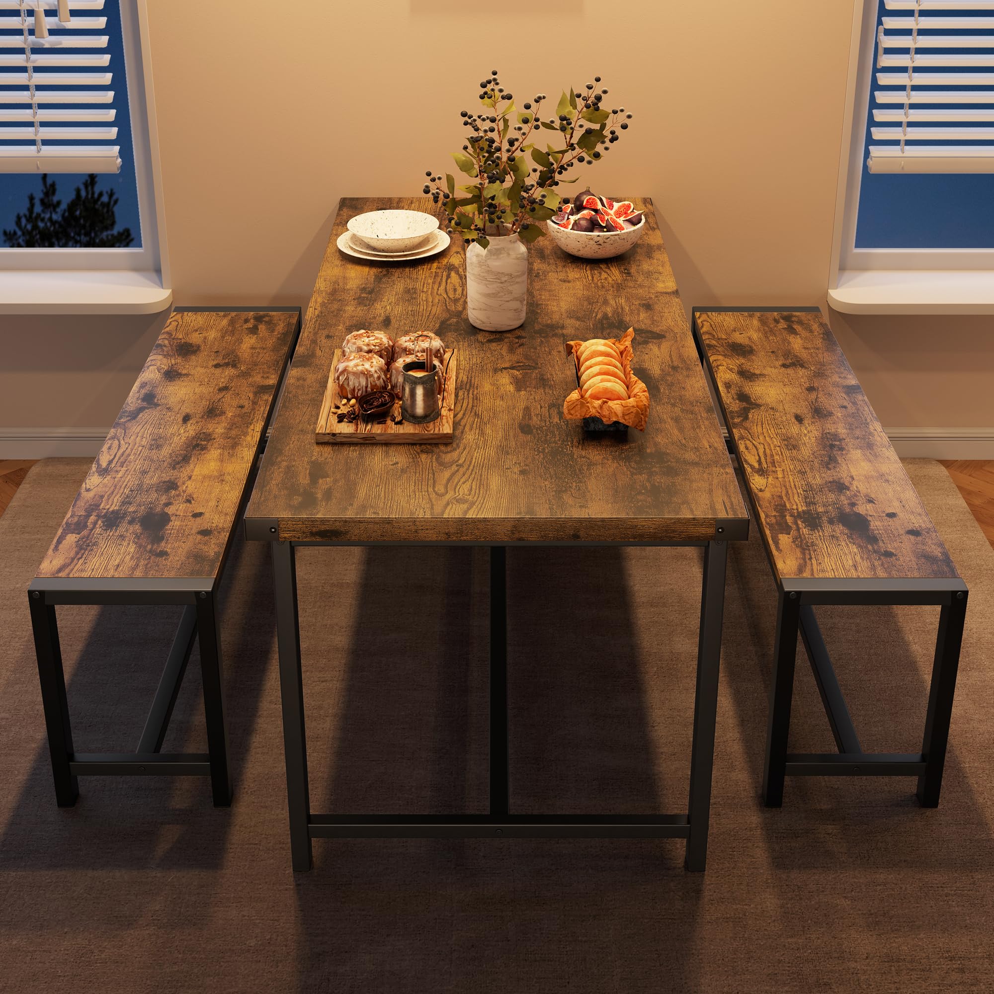 IDEALHOUSE 4-Piece Retro Brown Dining Table Set with 2 Metal Wood Benches - Space Saving Kitchen & Apartment Furniture for Small Spaces, Dinettes & Compact Dining Rooms | Perfect for Breakfast Nooks, Studio Apartments & Cozy Family Meals