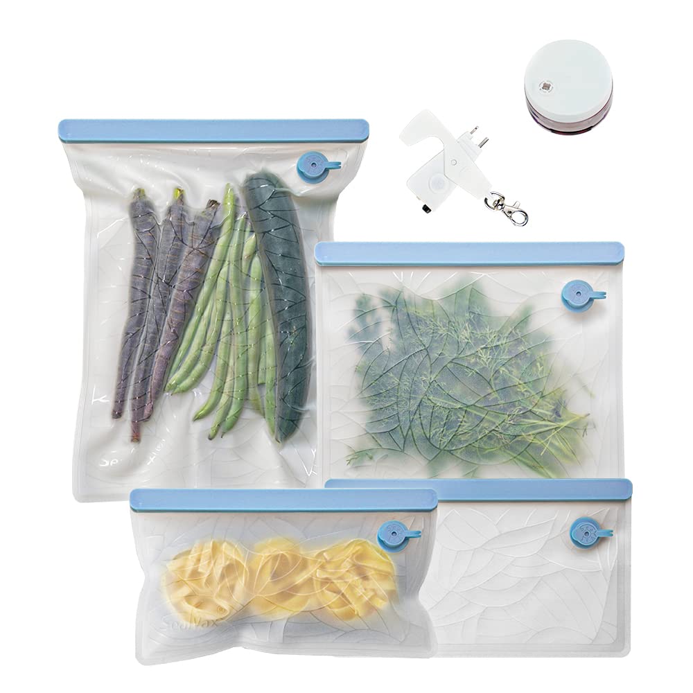 SealVax Handheld Vacuum Sealer Bags for Food - 4-Pack BPA Free, Leakproof & Reusable Food Storage Bags | Perfect for Sous Vide Cooking, Meal Prep, Fresh Fruits, Vegetables, Sandwiches, Snacks & Freezer Storage | Ideal for Home Kitchen, Camping & Travel Food Preservation