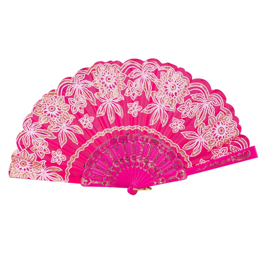 iCODOD Elegant Handheld Folding Fan - Chinese & Spanish Style Silk Lace Fan with Bamboo Frame for Dance, Wedding, Cosplay, Home Decor & Office Wall Art - Hot Pink