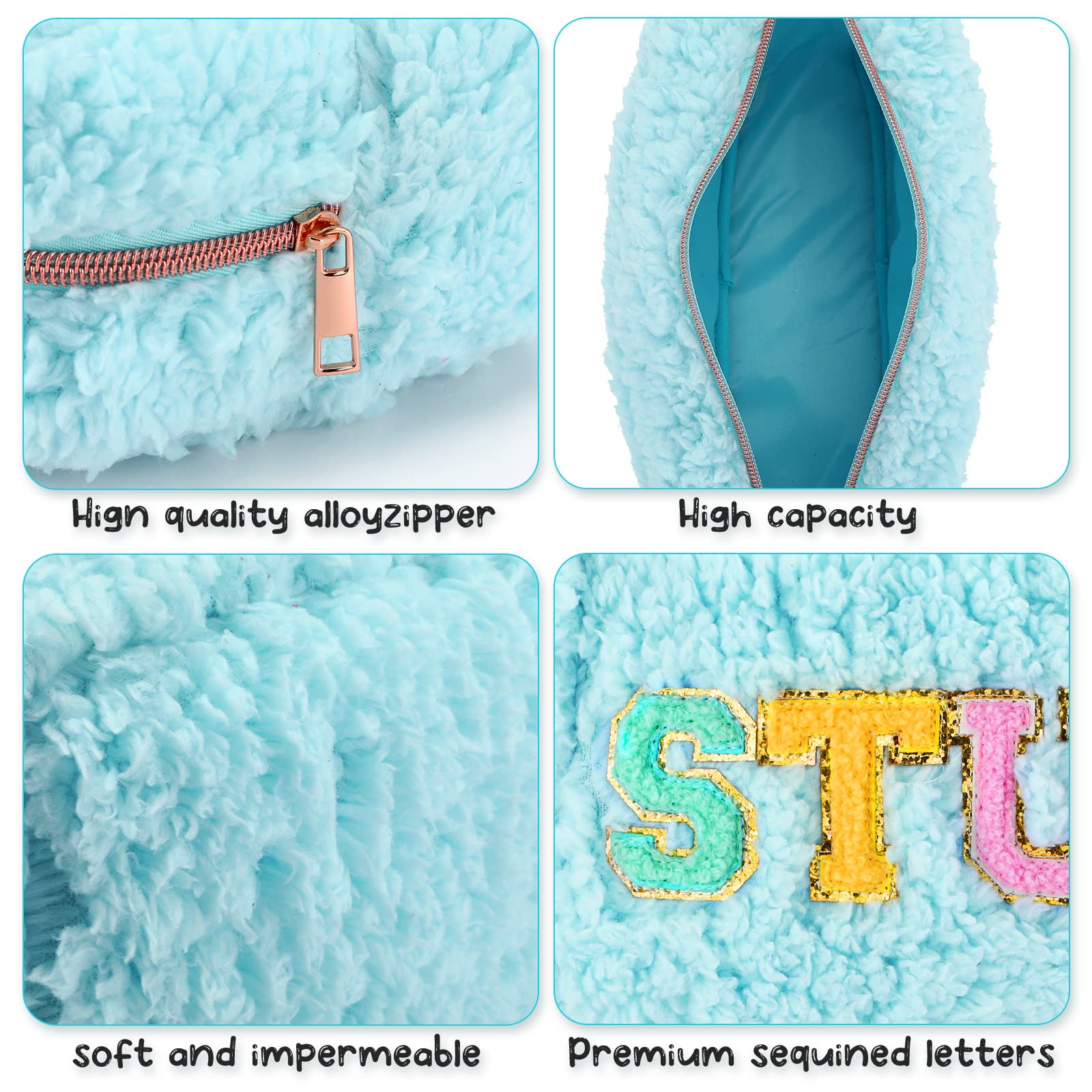 Soft Chenille Letter Cosmetic Bag - Small Portable Zippered Makeup Pouch for Women & Girls | Preppy Fleece Travel Organizer for Toiletries & Cosmetics (Blue) - Perfect for School, Gym, and Vacation