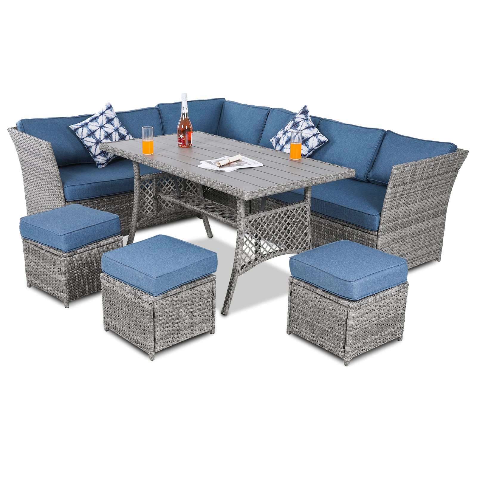VONZOY 7-Piece Outdoor Patio Furniture Set - PE Wicker Rattan Sectional Sofa with Dining Table & Chairs in Blue - Perfect for Backyard, Garden, Poolside & Patio Relaxation