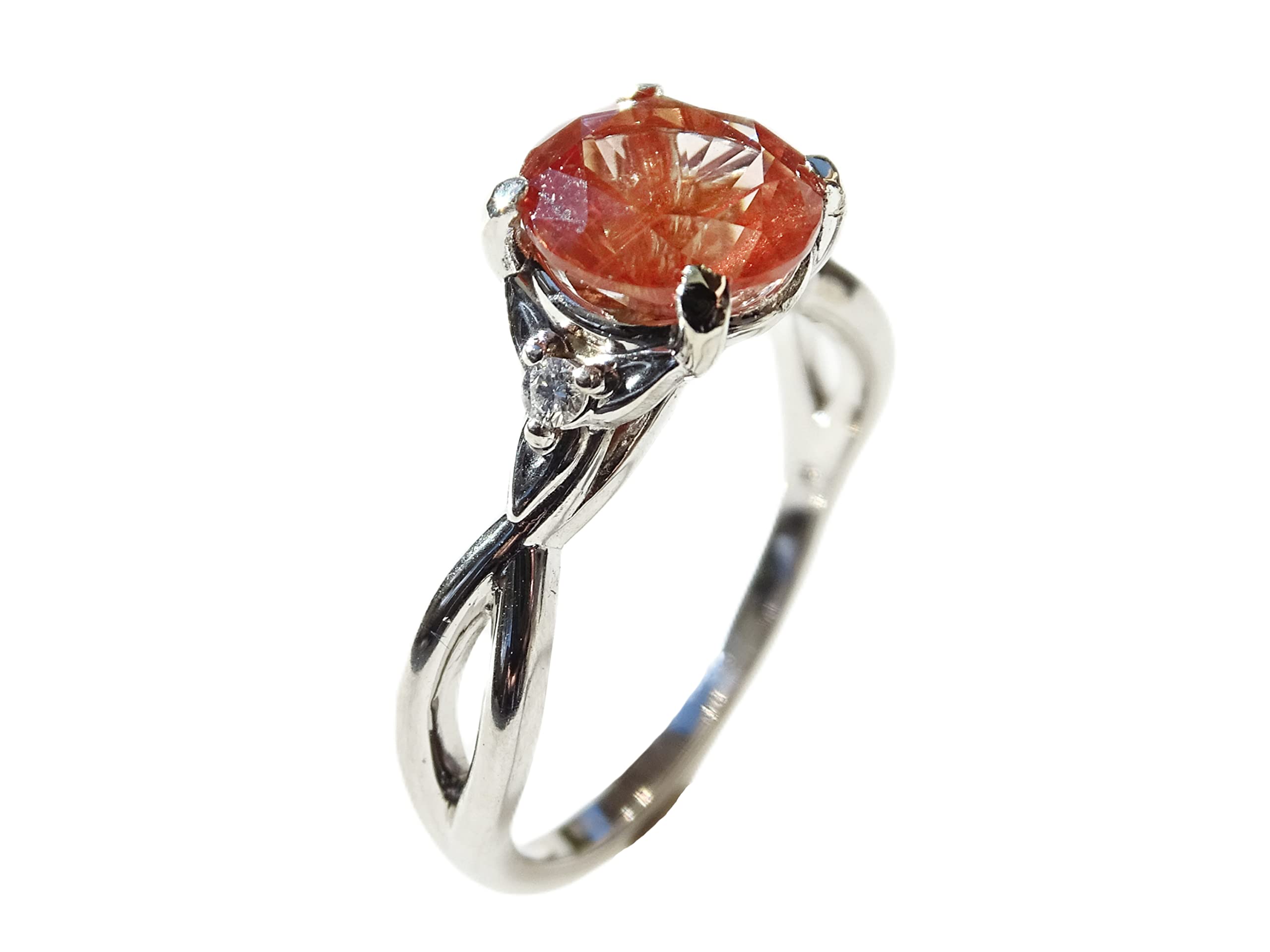 Oregon Sunstone Ring in White Gold - Diamond Accented Sunstone Engagement Ring with Schiller Effect, Elegant Three Stone Jewelry for Women | Perfect Anniversary Gift for Her, Ideal for Weddings, Proposals, and Special Occasions