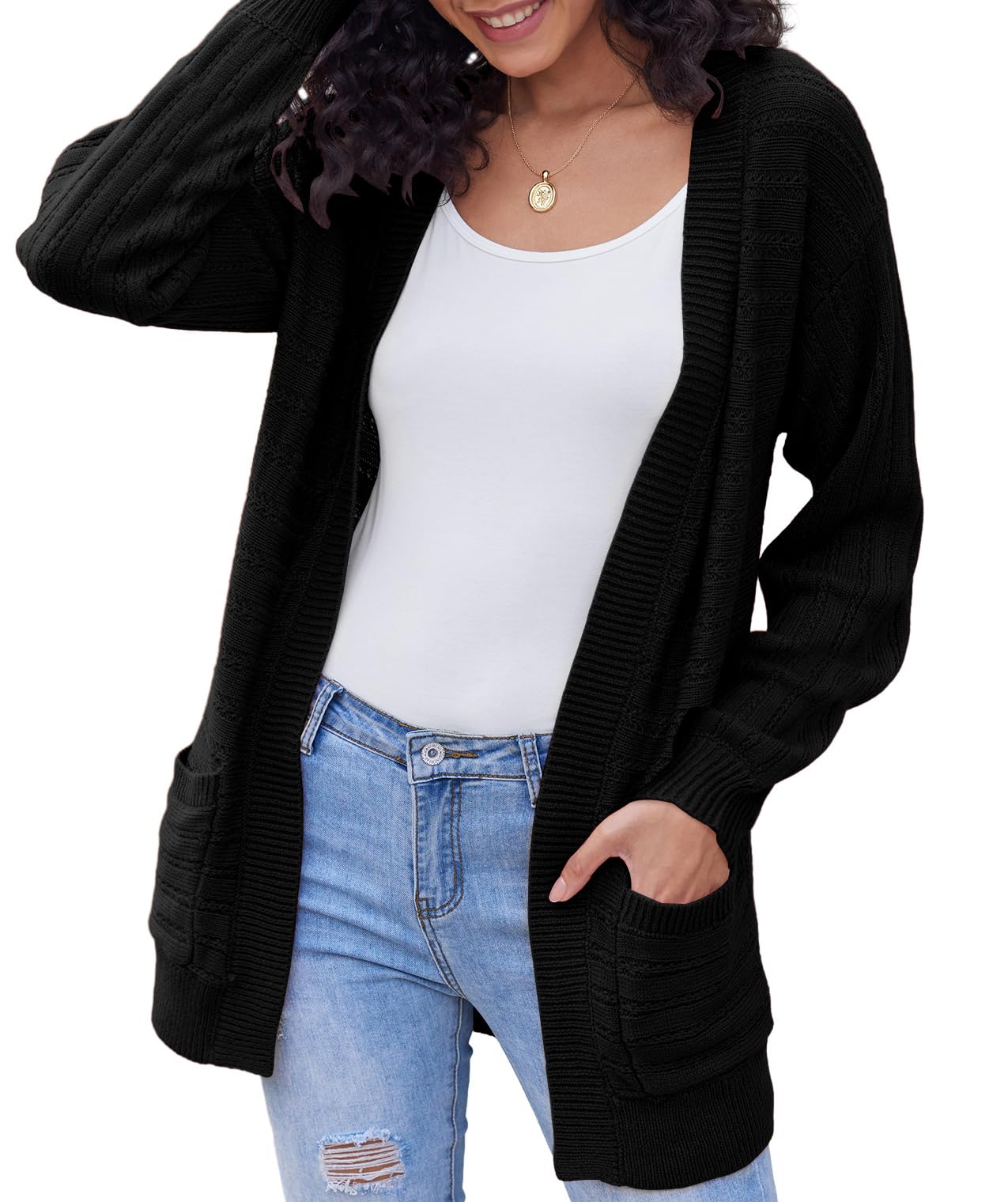 LuckyMore Women's Open Front Cable Knit Cardigan Sweater - Long Sleeve Loose Soft Outerwear with Pockets - Perfect for Fall, Winter, Office & Casual Wear