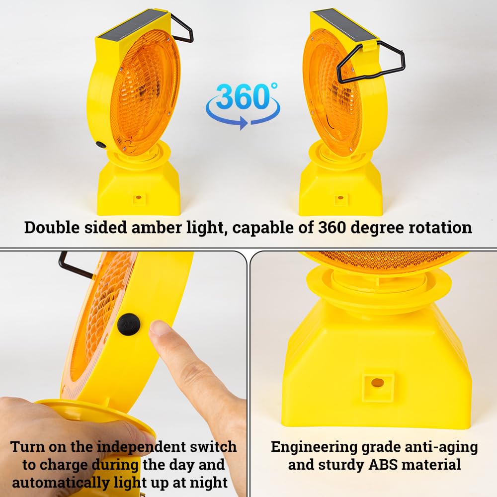 Solar Industrial Warning Lights - Wireless Waterproof Rechargeable Safety Barricade LED Flashing Lights with 2-Sided Amber Visibility for Traffic Signals & Construction Zones | Perfect for Road Work, Emergency Situations & Hazard Warnings