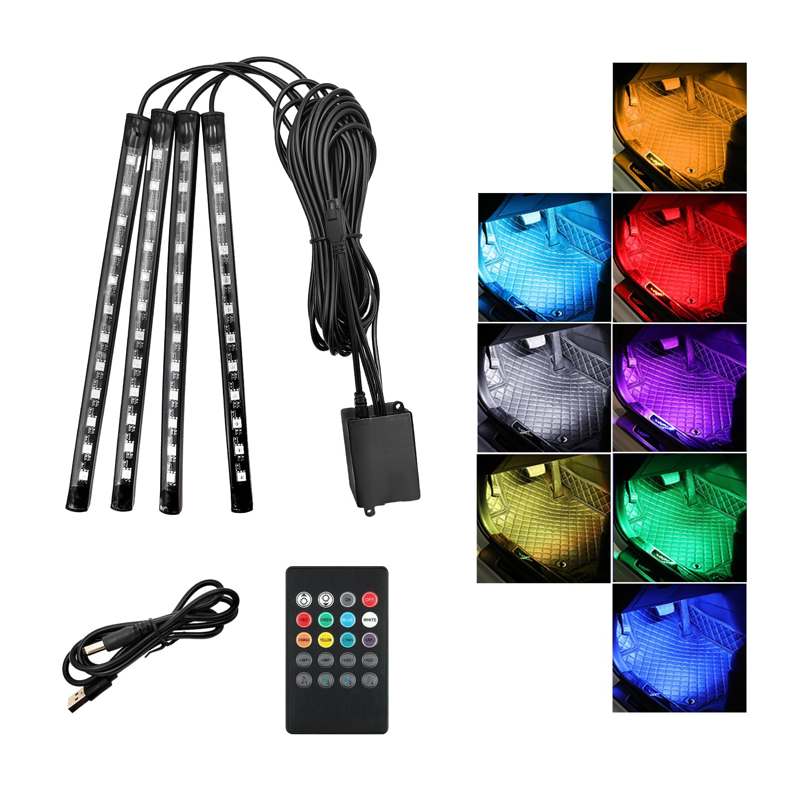 RGB 48 LED Multicolor Car Interior Lights with Sound Active & Remote Control - Smart Under Dash Lighting Kit with USB Charger | Perfect for Car Customization, Parties & Night Driving