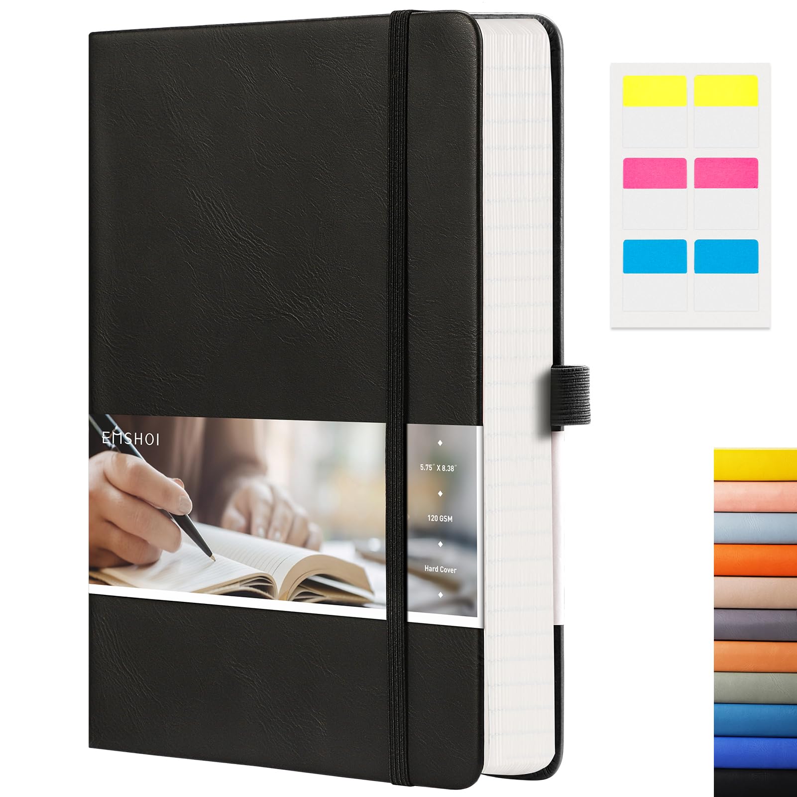 Premium EMSHOI Lined Journal Notebook - 120gsm Thick Leather Hardcover Writing Journal with Sticky Notes, 256 Numbered Pages A5 College Ruled Notebook for Women & Men - Perfect for Work, School, Creative Writing & Note Taking (5.75