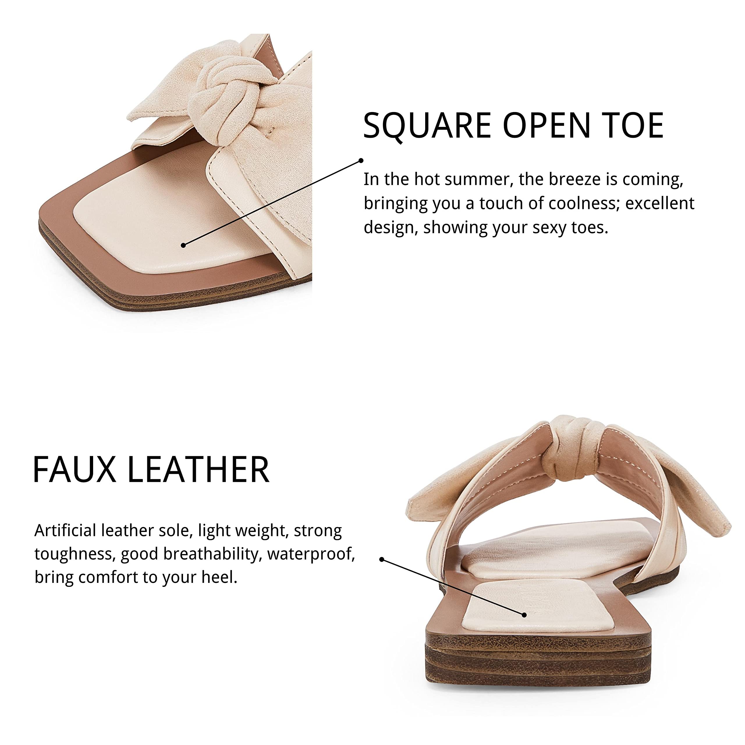 LAICIGO Women's Square Toe Slide Sandals - Bow Knot Slip On Backless Faux Suede Summer Flat Sandals | Comfortable Casual Beach Shoes for Walking, Vacation & Outdoor Activities