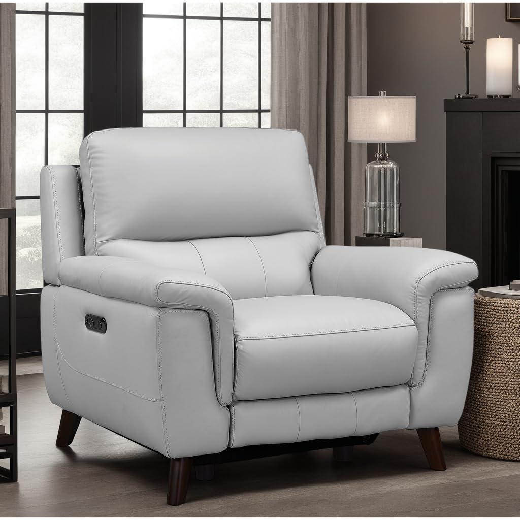 Armen Living Lizette Modern Top Grain Leather Power Recliner Accent Chair - Gray | Contemporary Living Room Furniture for Home Theater & Relaxation
