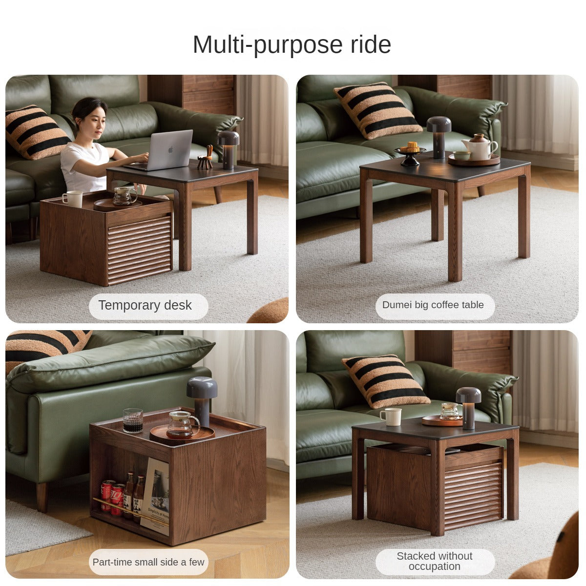 Solid Oak and Black Walnut Wood Rocking Coffee Table - Rustic Movable Side Table for Living Room, Patio, or Outdoor Use