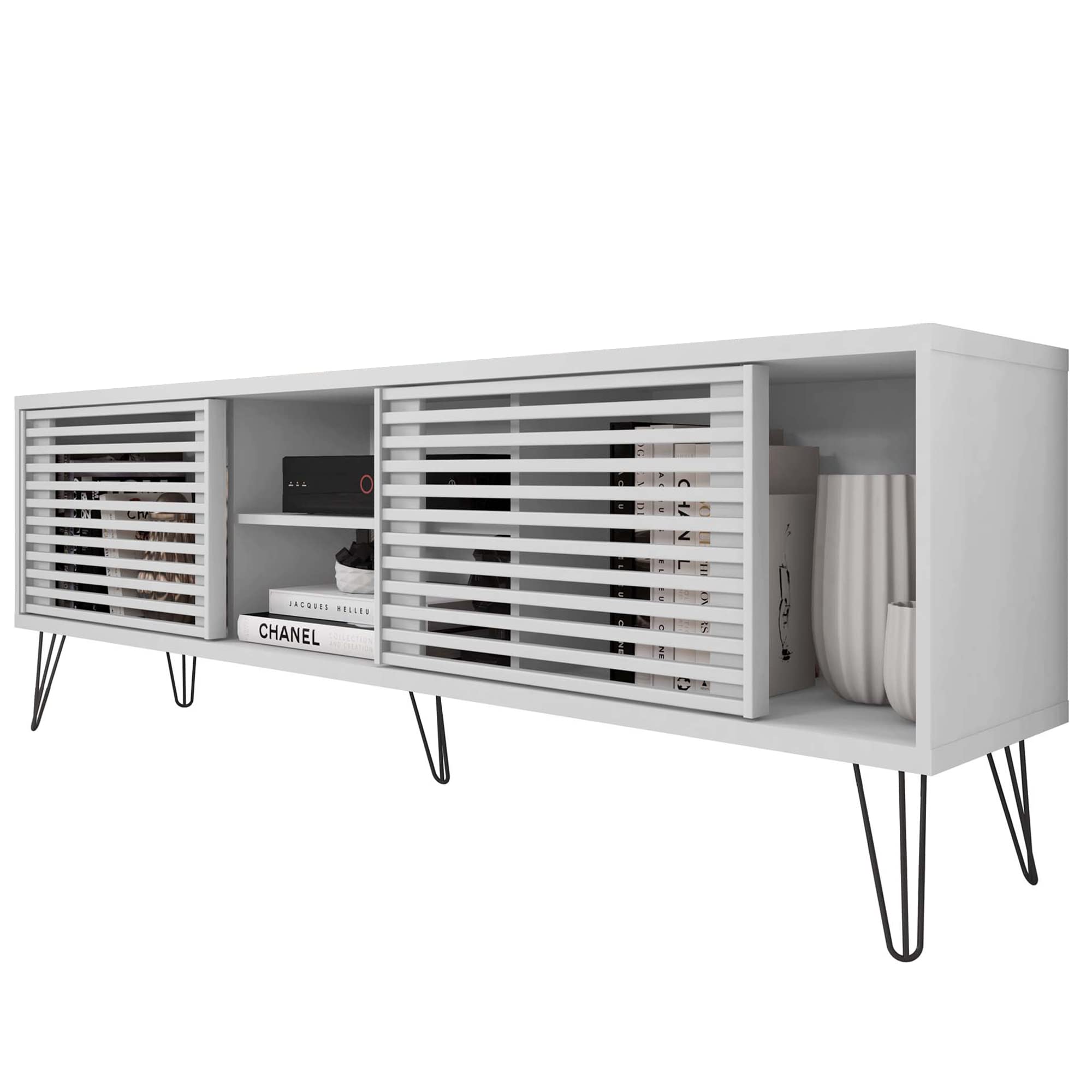 Better Home Products 70 Inch Mid-Century Modern TV Stand - White Wooden Entertainment Center for Living Room, Bedroom & Home Theater