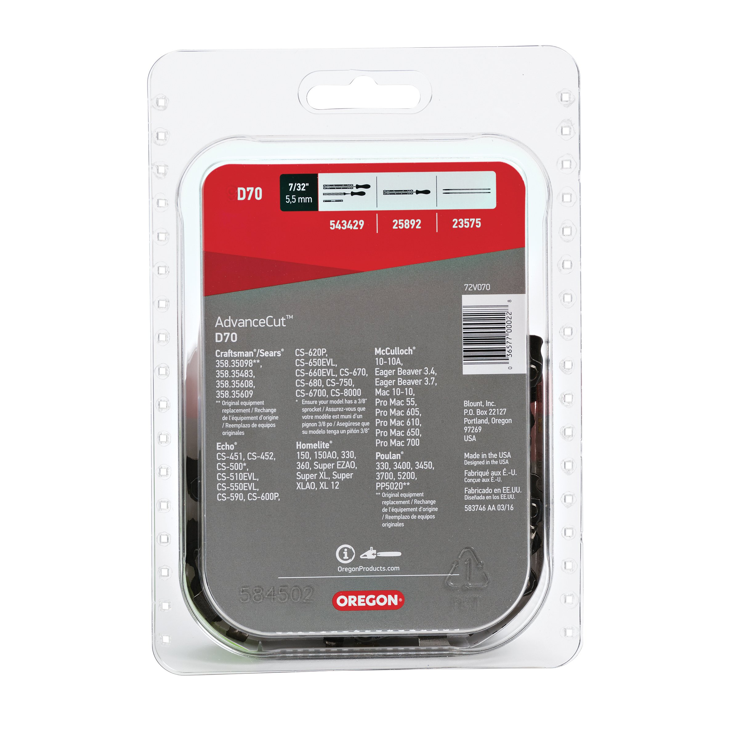 Oregon D70 AdvanceCut Chainsaw Chain - 20-Inch Bar Replacement Low-Kickback Chain for Poulan Pro & Echo Chainsaws - 70 Drive Links, .050 Gauge, 3/8 Pitch - Perfect for Tree Trimming, Firewood Cutting & Landscaping