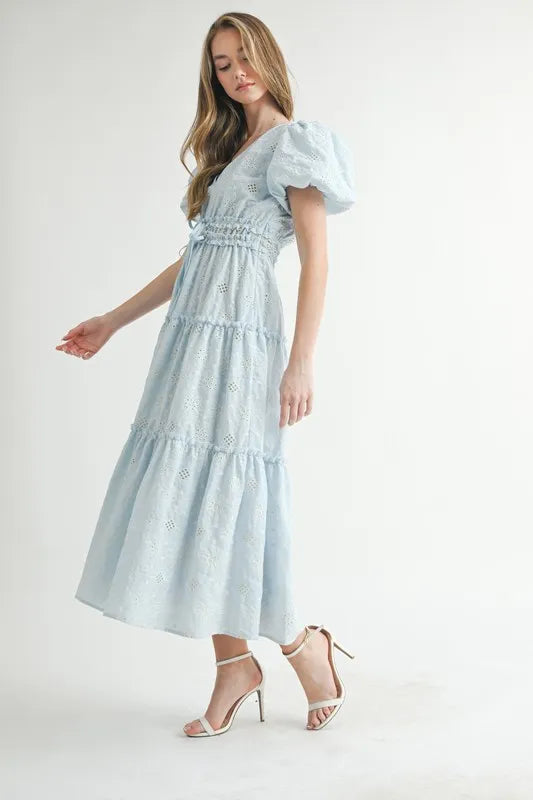 Light Blue Puff Sleeve V-Neck Midi Summer Dress - Flowy Casual Sundress for Beach, Vacation & Date Night