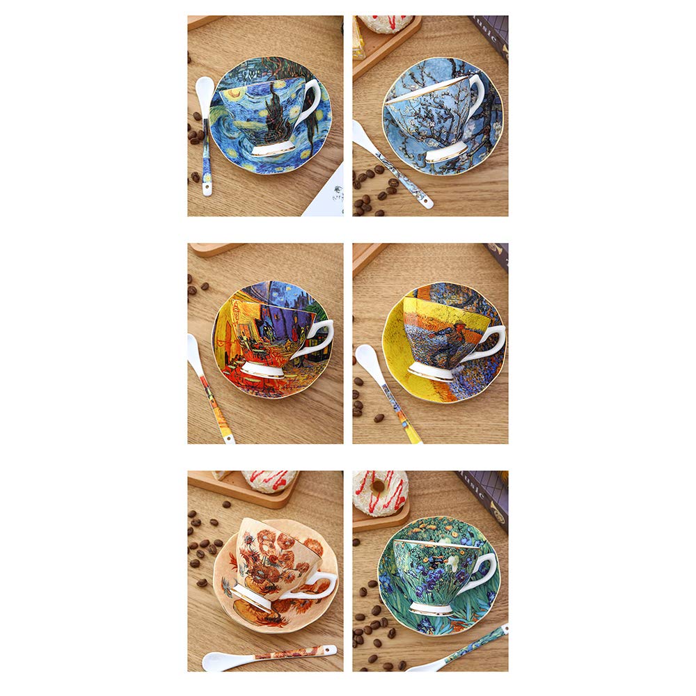 Premium Van Gogh Ceramic Coffee Cup Set - Elegant & Luxurious Tea Cups for Home, Afternoon Tea, and Gifts (Set of 4) - Perfect for Coffee Lovers, Tea Parties, and Stylish Kitchen Decor