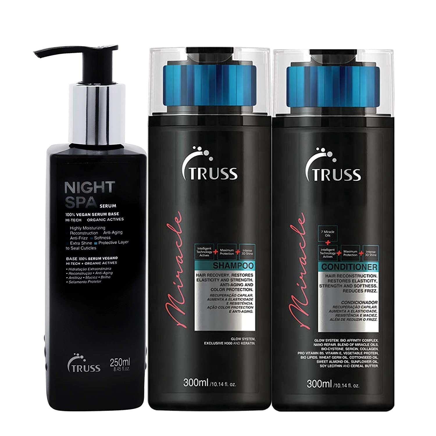 TRUSS Night Spa Hair Serum Overnight Treatment Bundle with Miracle Shampoo & Conditioner Set for Damaged Hair - Deep Repair & Hydration for Dry, Frizzy Hair at Home Salon Treatment