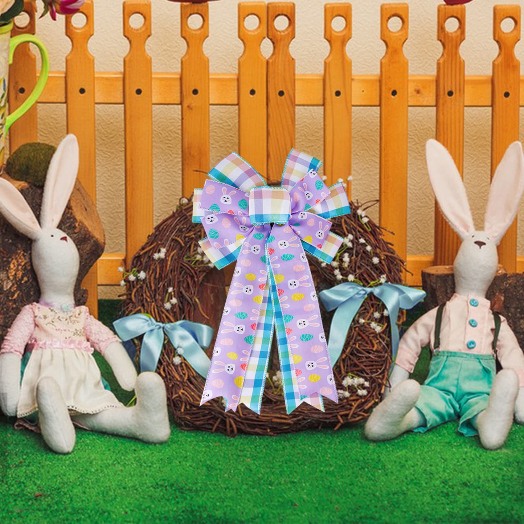 SIMISI Easter Large Wreath Bow - 11x17.7 Inch Burlap Wired Ribbon with Bunny Eggs Decor for Easter Door, Tree & Party | Spring Home Decor, Holiday Wreath Accent, Gift Wrapping Bow