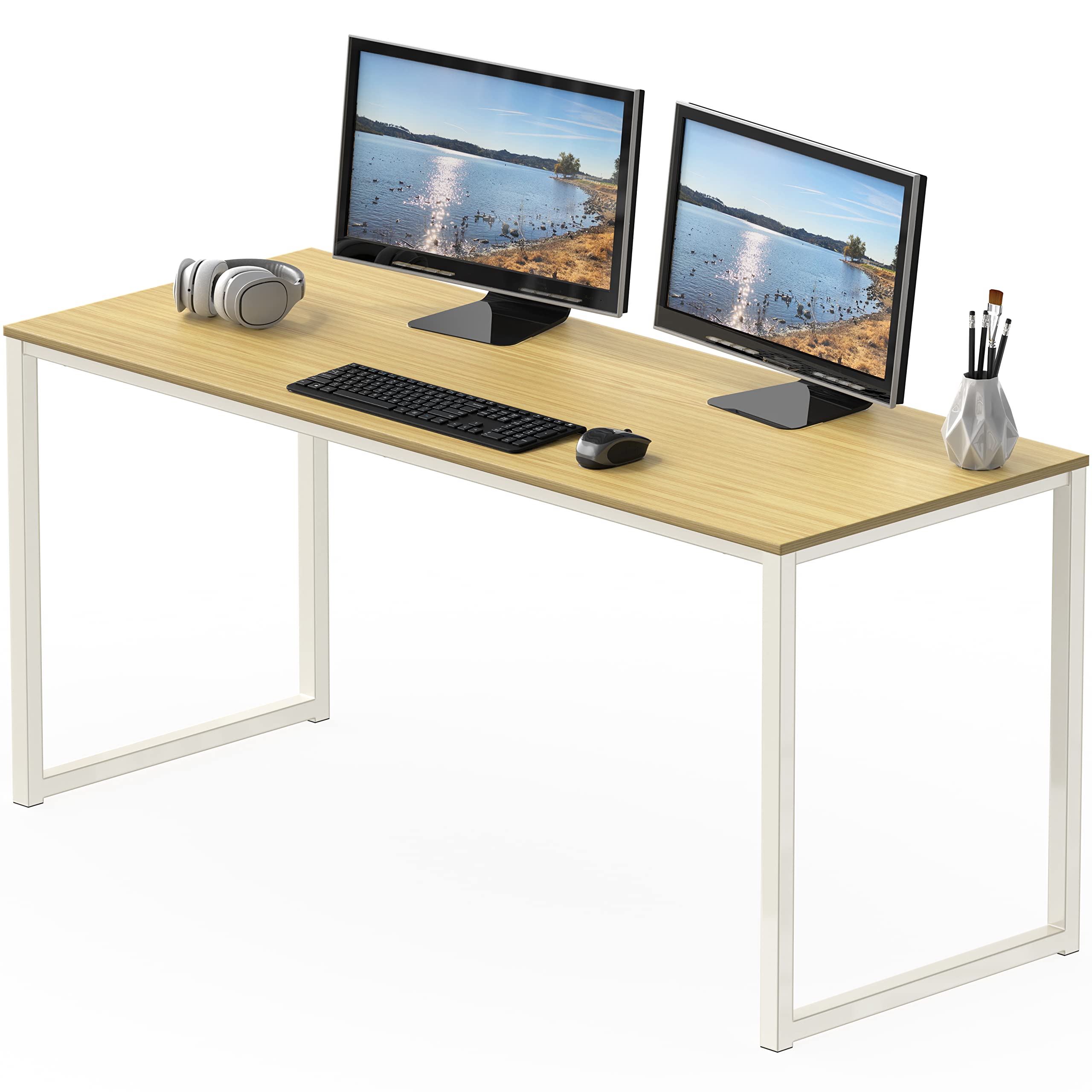 SHW Mission 55-Inch Home Office Computer Desk - Solid Oak Wood Writing Table with Storage Shelf | Perfect for Remote Work, Gaming Setup & Study Room Furniture
