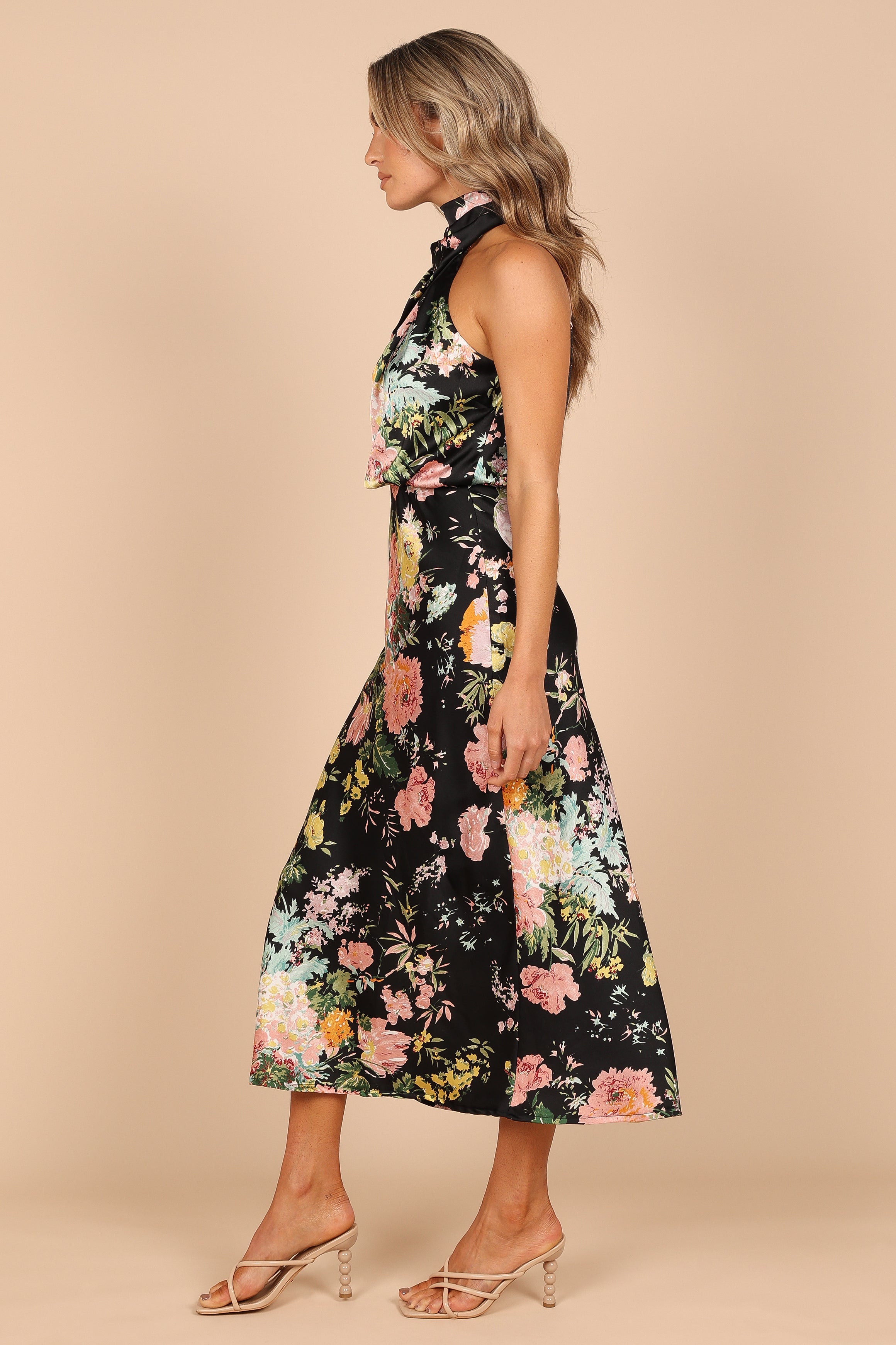 Anabelle Halter Neck Midi Dress - Black Floral Print Summer Dress for Women | Casual & Party Wear | Perfect for Beach Vacations, Date Nights & Special Occasions