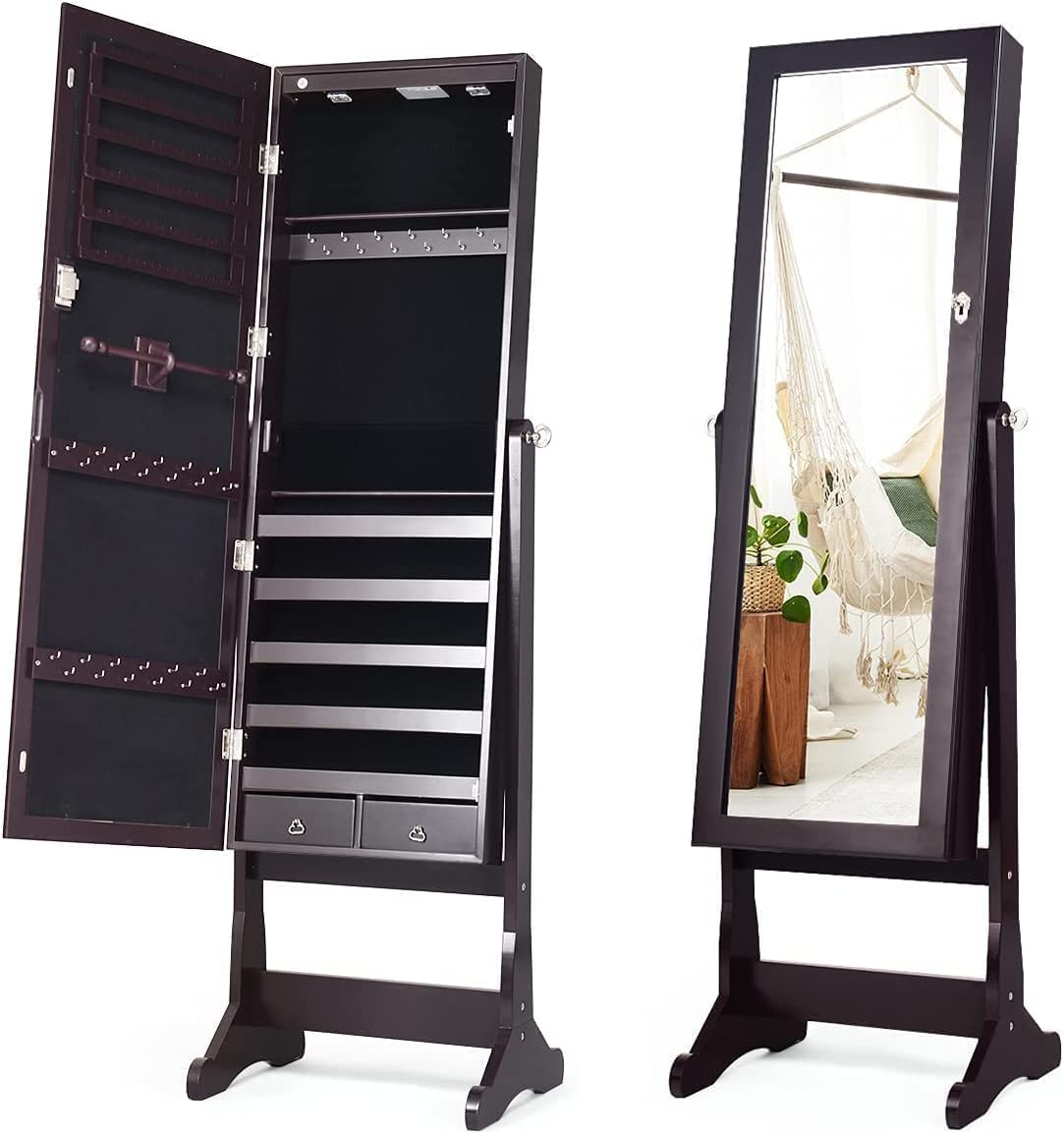COSTWAY Full Length Standing Mirror Jewelry Cabinet with LED Lights - Large Lockable Jewelry Organizer Armoire for Women & Girls, 4 Adjustable Angles, Brown - Perfect for Bedroom, Dressing Room & Closet Organization