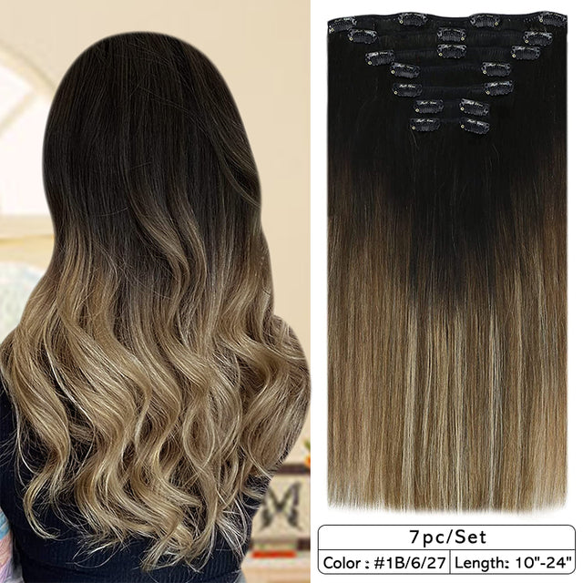 Double Wefted Clip-In Human Hair Extensions - 7pcs 105g for Natural Volume & Length | Perfect for Daily Styling, Parties & Special Occasions
