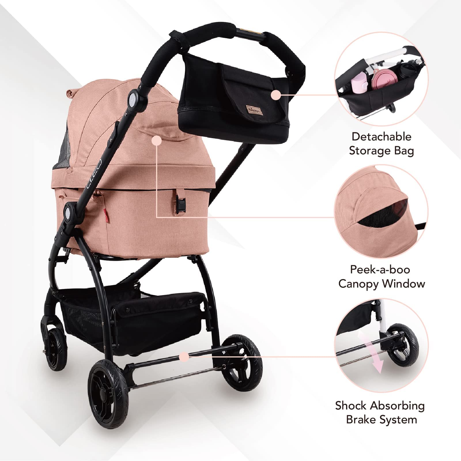 **iBiyaya 3-in-1 Cleo Travel System Pet Stroller for Small & Medium Dogs & Cats up to 44 lbs – Lightweight Dog Stroller, Carrier & Travel Bag in Coral Pink – Perfect for Walks, Vet Visits & Outdoor Adventures**