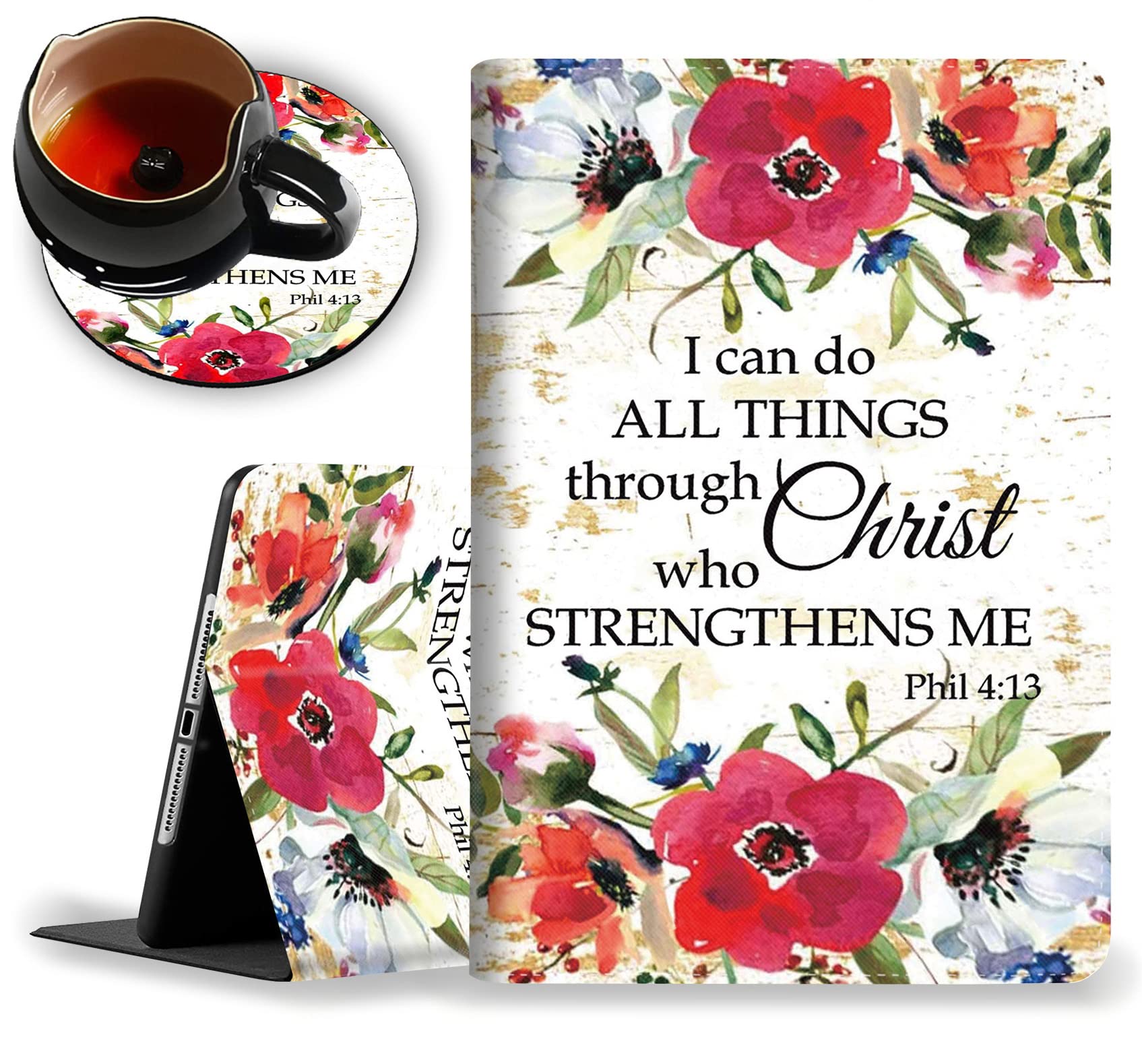 Premium iPad 9.7 Inch Case (2018/2017 Models) - Compatible with iPad 5th/6th Gen & iPad Air 1/2 - Christian Bible Quote Design (Philippians 4:13) with Watercolor Flowers - Perfect for School, Work & Travel Protection