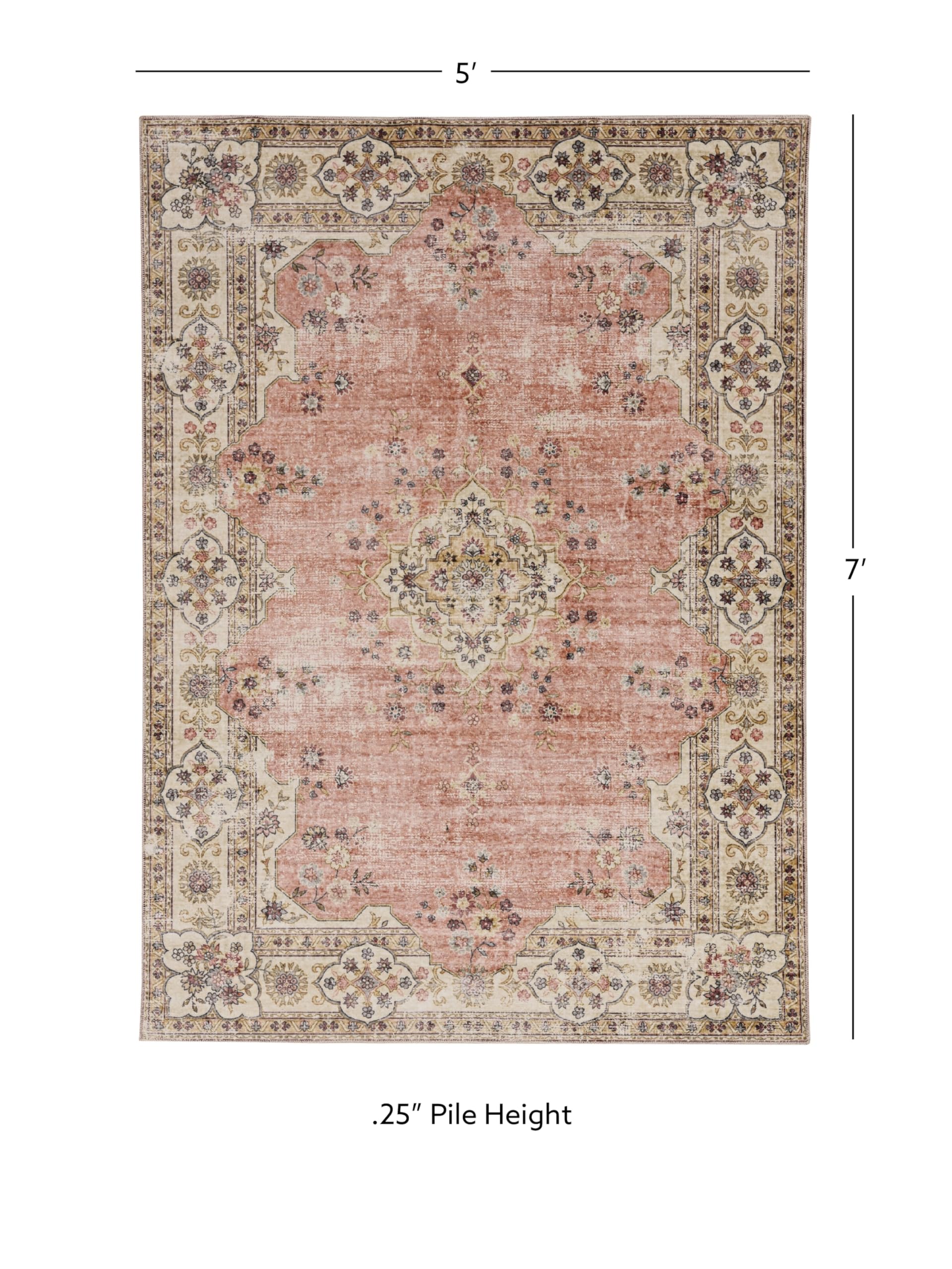 Linon The Anywhere Washable Rug - Colton Pink/Ivory 5' X 7' Area Rug - Soft Non-Slip Floor Mat for Living Room, Bedroom, Nursery & Dorm Decor