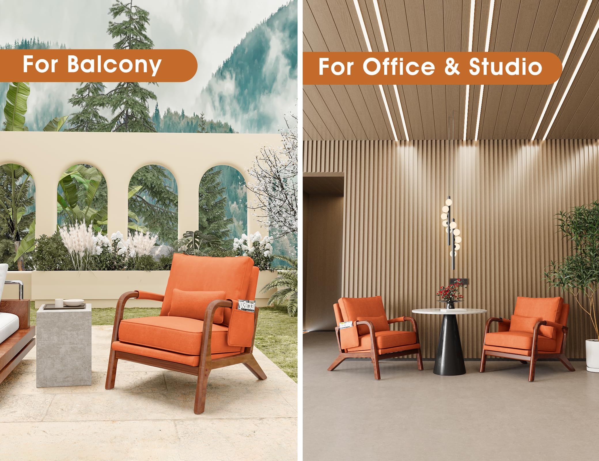 Mid Century Modern Upholstered Lounge Arm Chair - Solid Wood Frame, Comfortable Accent Chair for Living Room, Bedroom & Reading Nook - Orange Velvet Fabric - Perfect for Home Office, Reception Area & Cozy Spaces