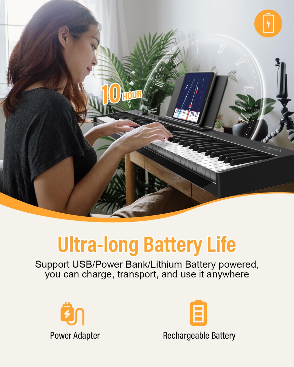 KONIX 88-Key Foldable Piano Keyboard - Portable Bluetooth Electronic Piano for Travel & Home Practice