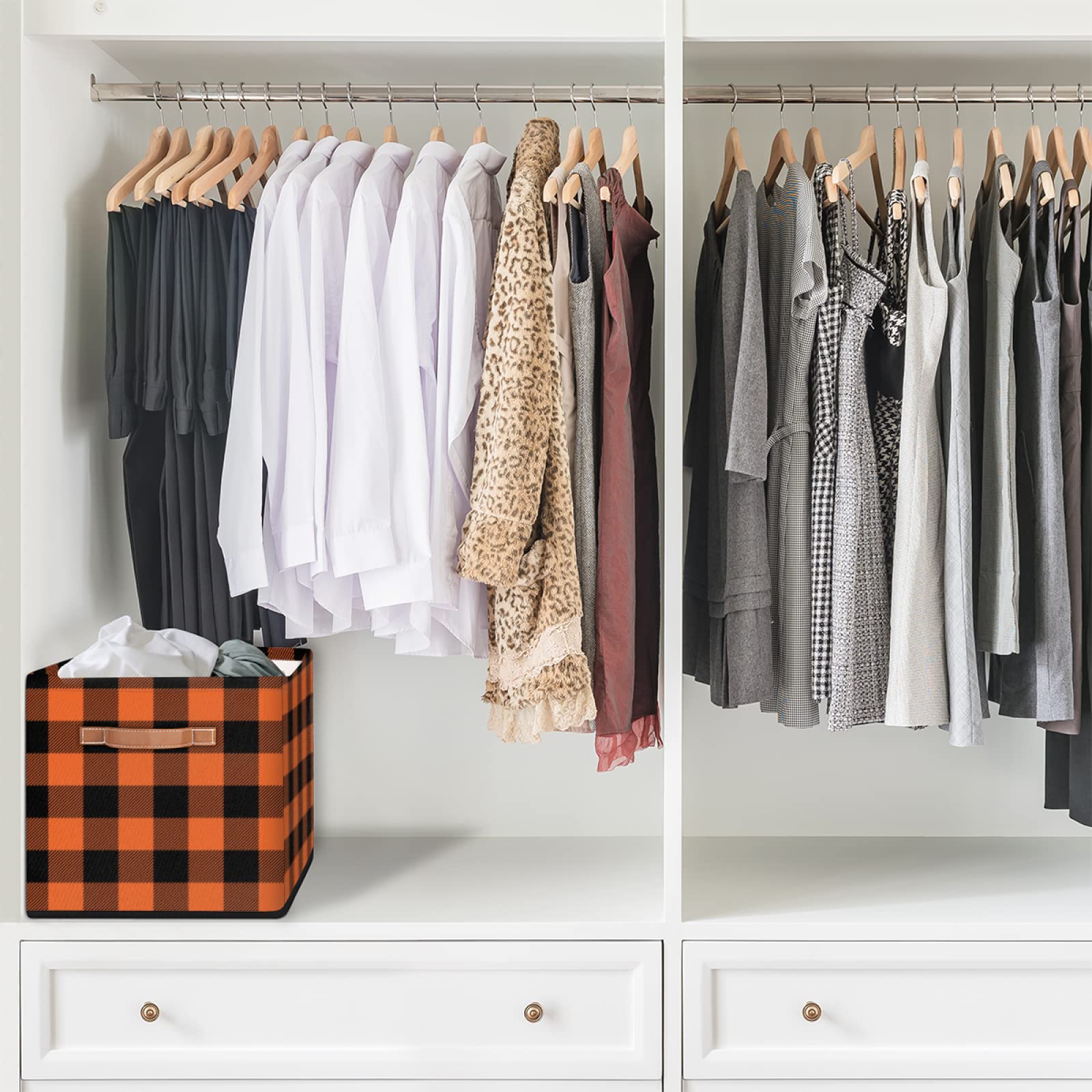 AUUXVA 13x13 Inch Large Collapsible Storage Cube Bin - Orange Black Plaid Check Fabric Basket with Handles for Home Organization | Perfect for Closet Shelves, Nursery Toys, Bedroom & Living Room Storage