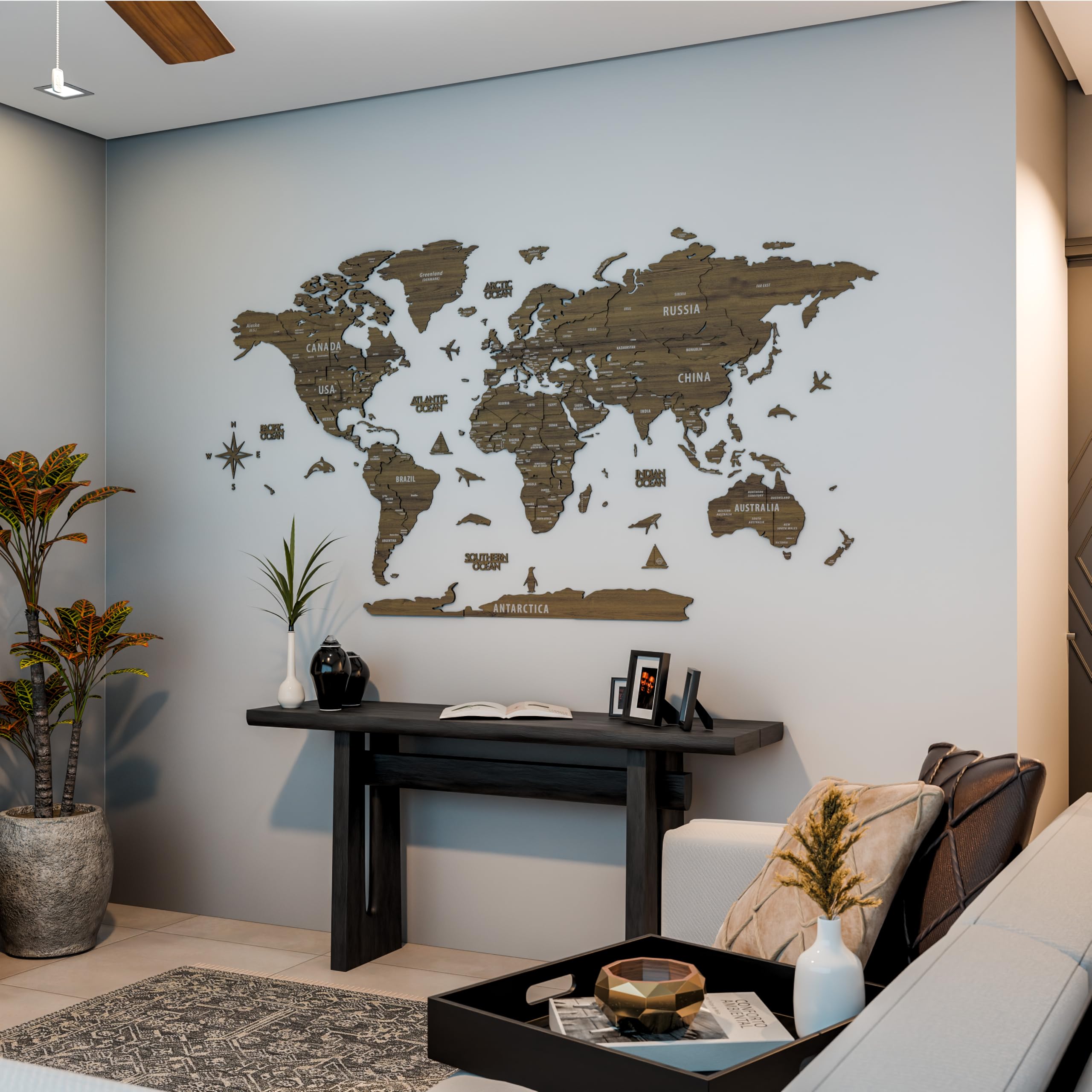 3D Wooden World Map Wall Art - Multilayered Travel Map with States & Capitals - Home Office Decor for Living Room, Bedroom - Perfect Gift for Travelers, Men, Birthday Present - Housewarming & Wedding Decor Idea