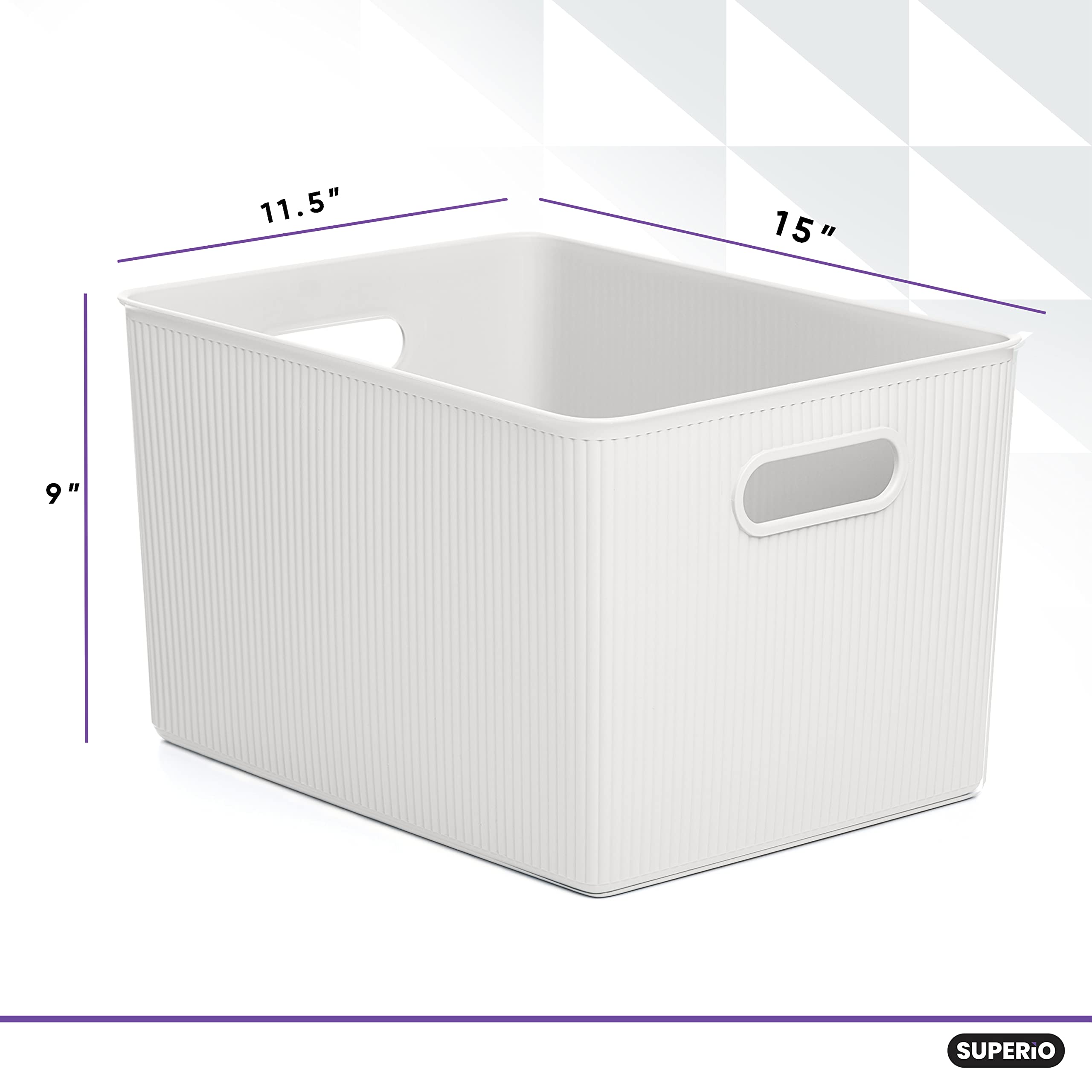Superio Ribbed Collection - Decorative Plastic Storage Bins & Organizer Baskets (Set of 2, X-Large) - White & Brown Home Organization Boxes for Closet, Shelf, Drawer & Pantry Storage - Perfect for Bedroom, Bathroom & Office Organization