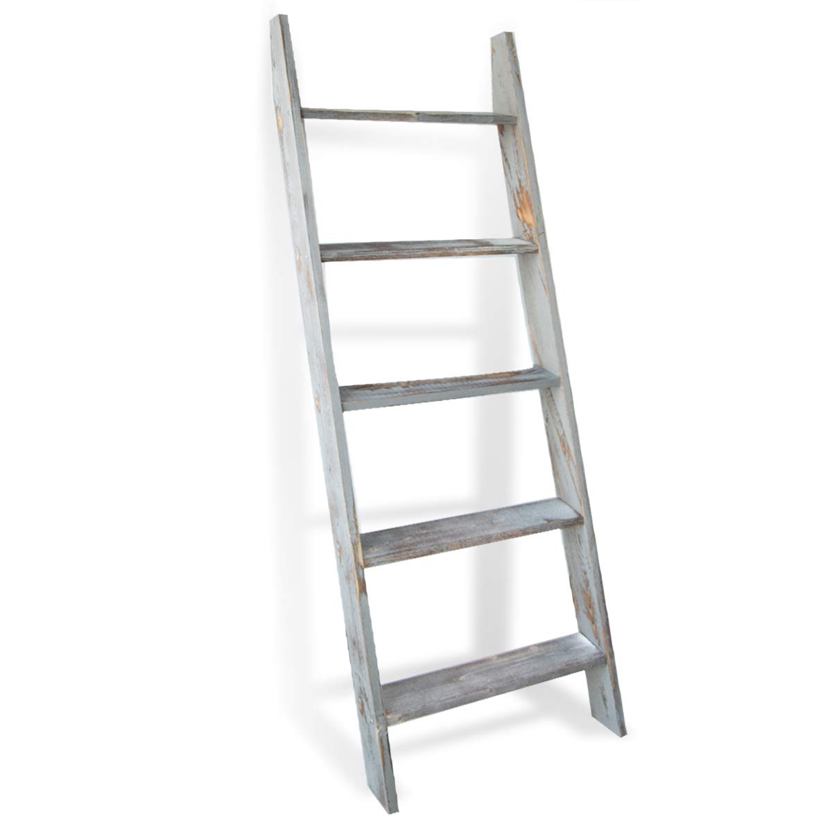 5-Tier Wooden Blanket Ladder for Living Room - Wall-Leaning Blanket Holder, Farmhouse Decor Ladder Shelf, Grey Quilt Rack | Perfect for Cozy Blanket Storage & Rustic Home Decor