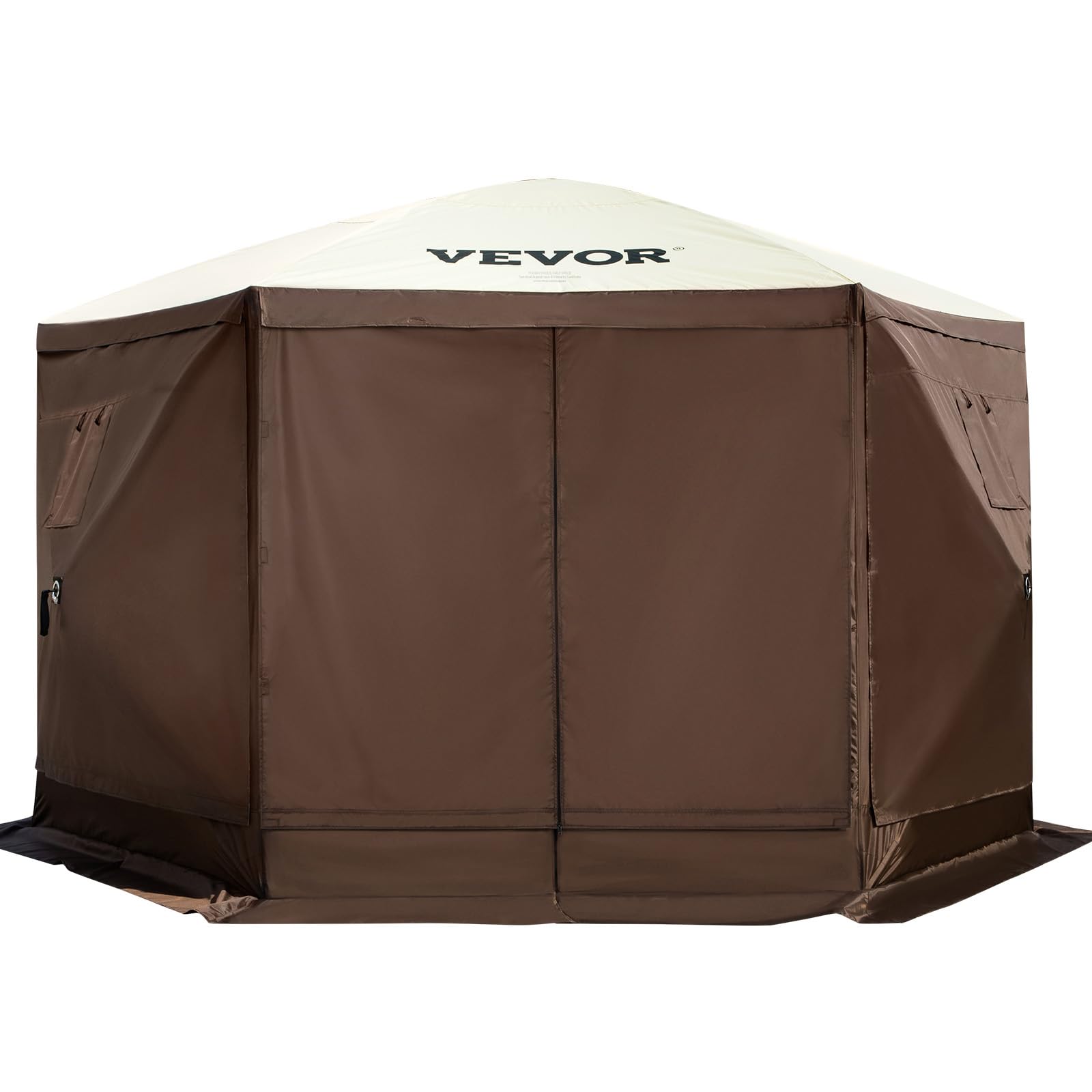 VEVOR 12x12ft 6-Sided Pop Up Canopy Tent with Mesh Windows & Carry Bag - Portable Outdoor Shade Shelter for Camping, Beach, Backyard, Picnics, Parties (Brown/Beige) - Includes Stakes & Windproof Design