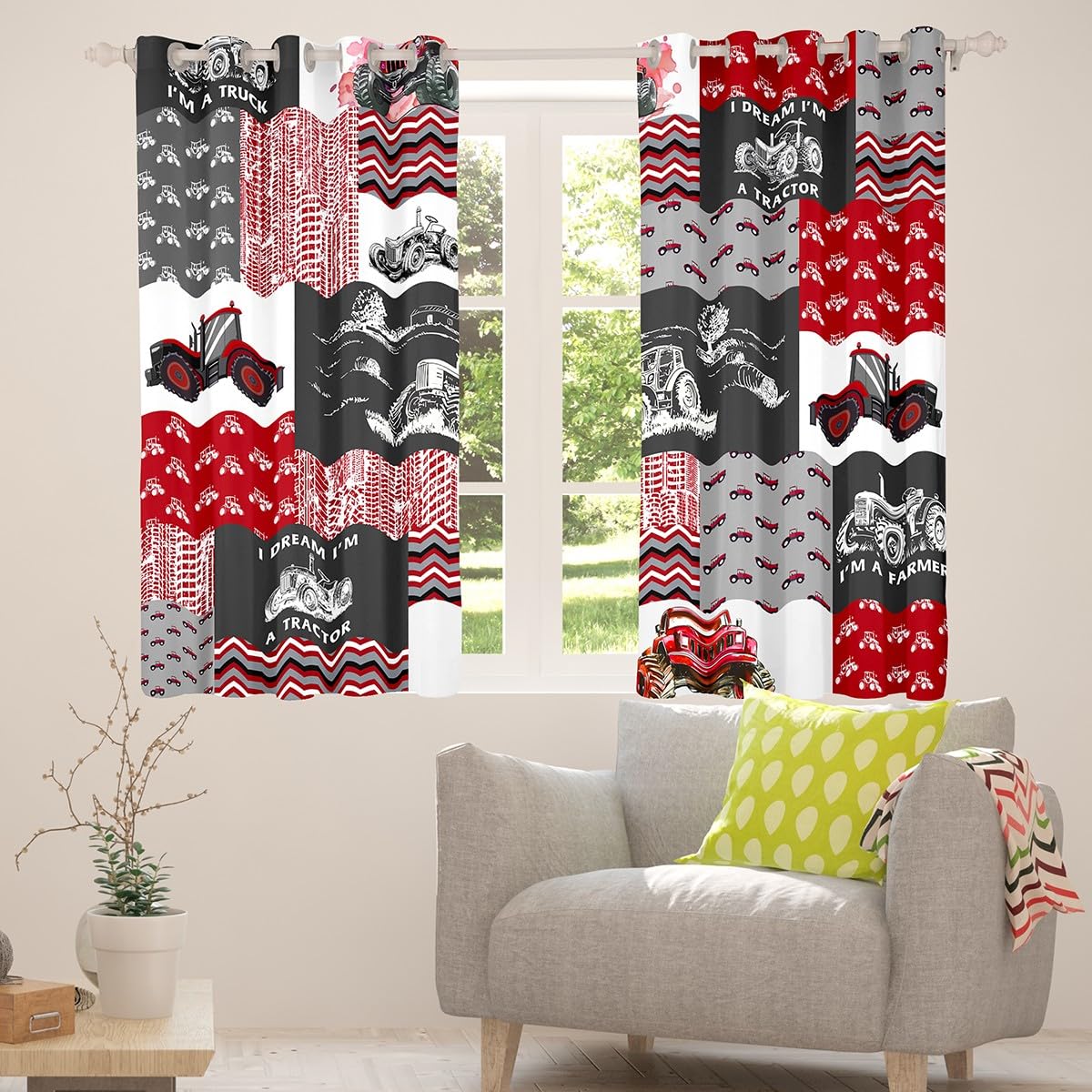 Red Tractor Curtains for Boys Room - Construction Vehicle Window Drapes 38x45