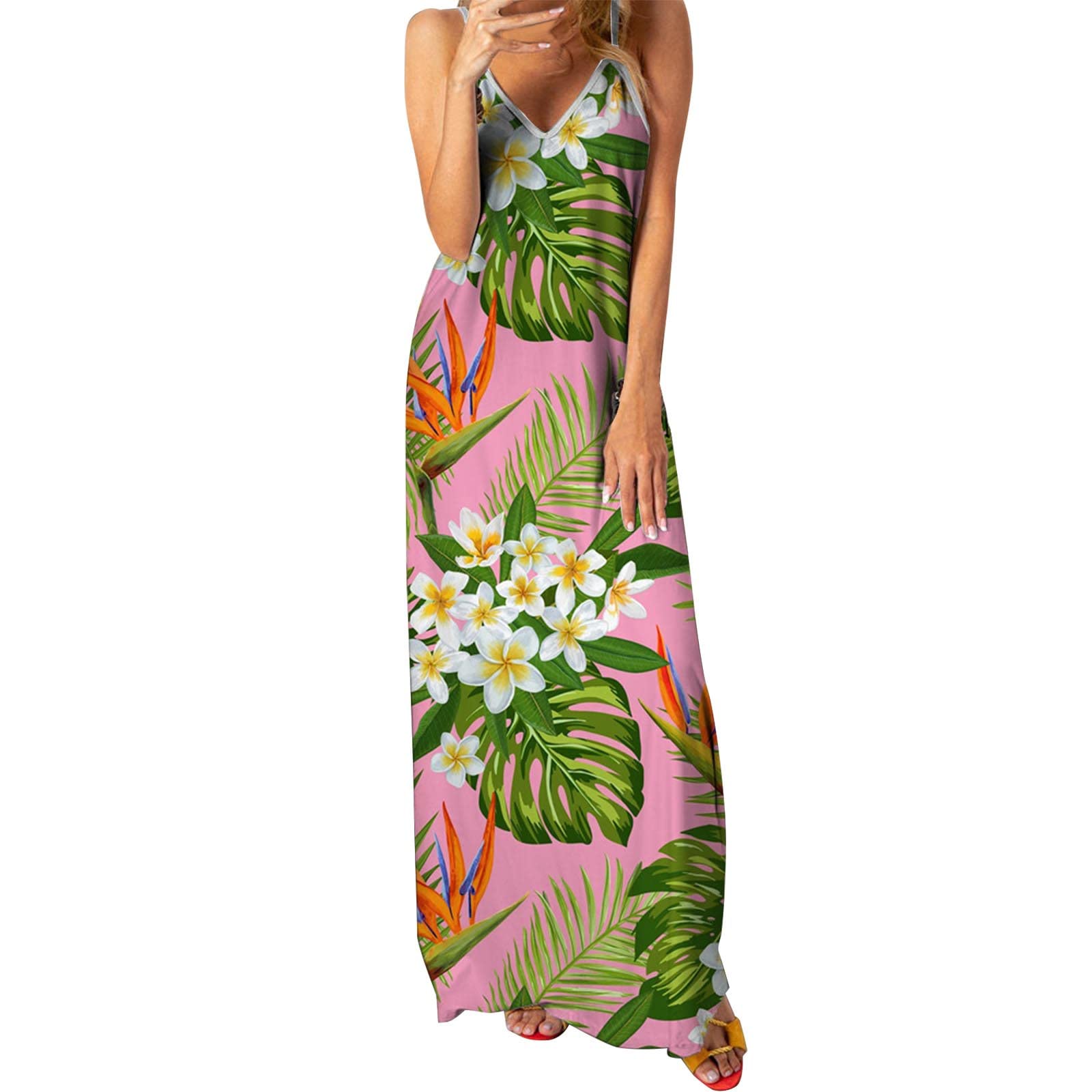 Women's Floral Printed V-Neck Maxi Sundress - Spaghetti Strap Summer Beach Dress for Vacation, Pool Party & Tropical Getaways