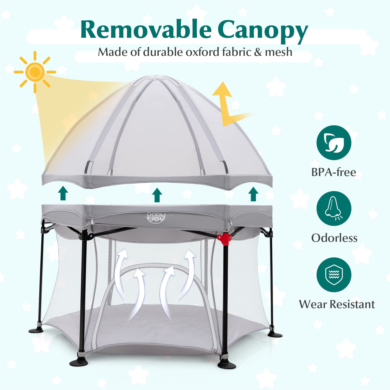 BABY JOY 53'' Portable Baby Playpen – Large Foldable Play Yard for Infants & Toddlers with UV Canopy, Padded Mat & Carry Bag | Indoor Outdoor Use for Home, Beach, Park & Backyard (Grey)