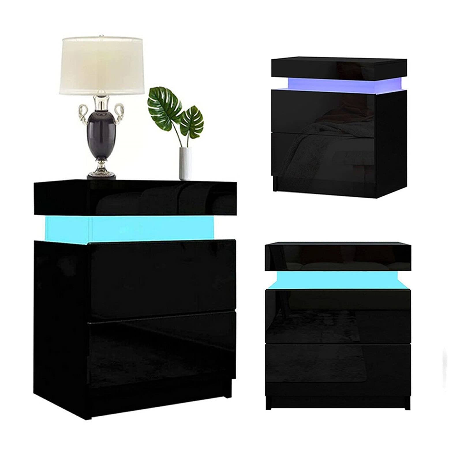 Modern High Gloss Nightstand with RGB LED Lights - 2 Drawer Bedside Cabinet, Contemporary Bedroom Furniture (Black/White) - Perfect for Small Spaces, Dorm Rooms & Apartment Bedrooms