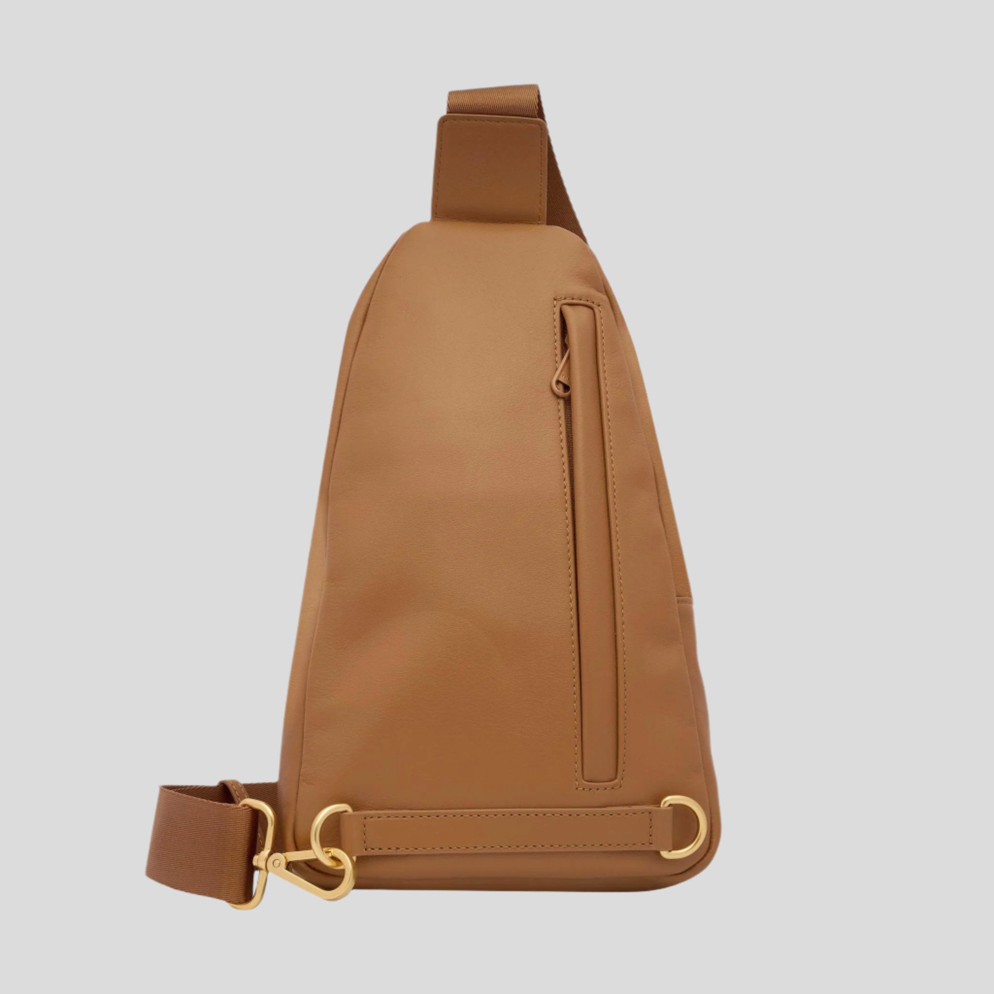 Stylish Multi-Wear Leather Crossbody Sling Bag for Women & Men - Tan with Bold Logo - Perfect for Travel, Work & Everyday Use