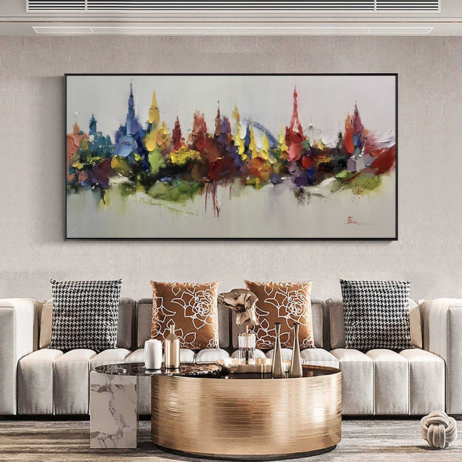 Abstract New York City Skyline Oil Painting on Canvas - Large Modern Wall Art Decor for Living Room, Office & Bedroom