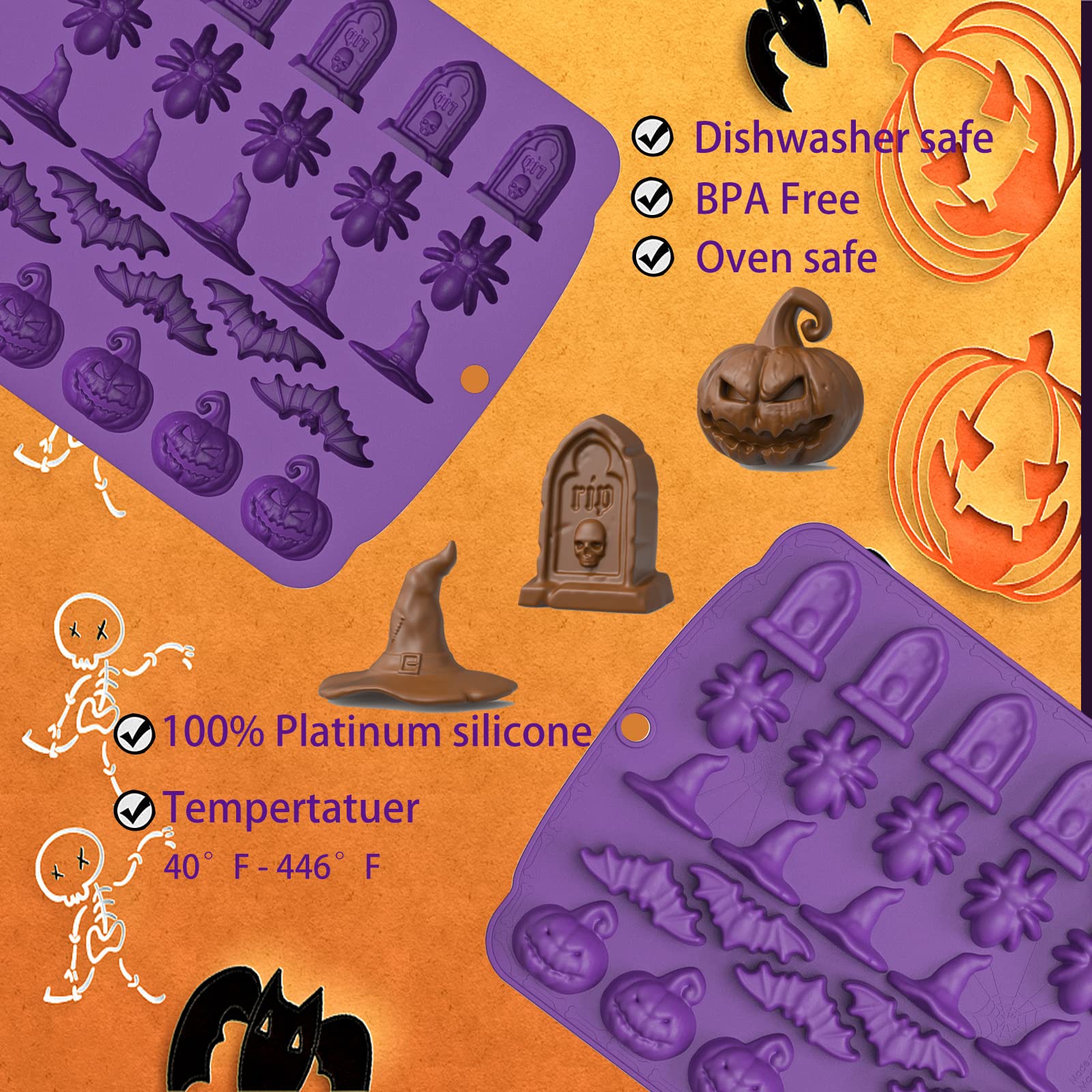 5-in-1 Halloween Silicone Candy Mold Set for Gummies, Chocolates & Jello - Reusable Baking Molds for DIY Halloween Treats, Cupcakes & Party Desserts (2 Pack) - Perfect for Halloween Parties, Home Baking & Holiday Gift Making