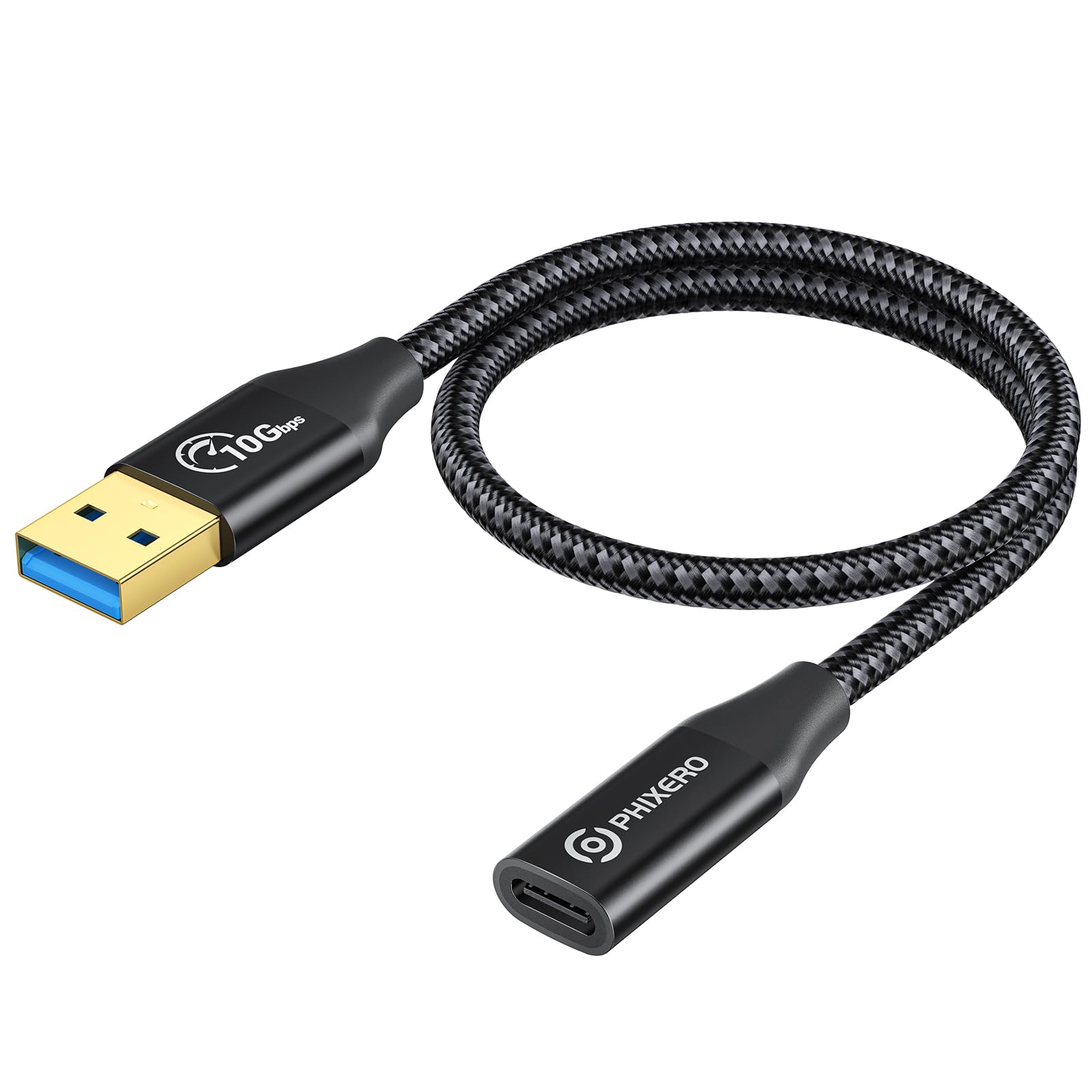 PHIXERO 10Gbps USB C Female to USB A Male Adapter (1ft) - USB 3.1 Gen 2 Fast Charging & Data Transfer Cable for Laptop, PC, Flash Drive, Oculus Quest Link - Perfect for High-Speed File Transfer & Device Charging