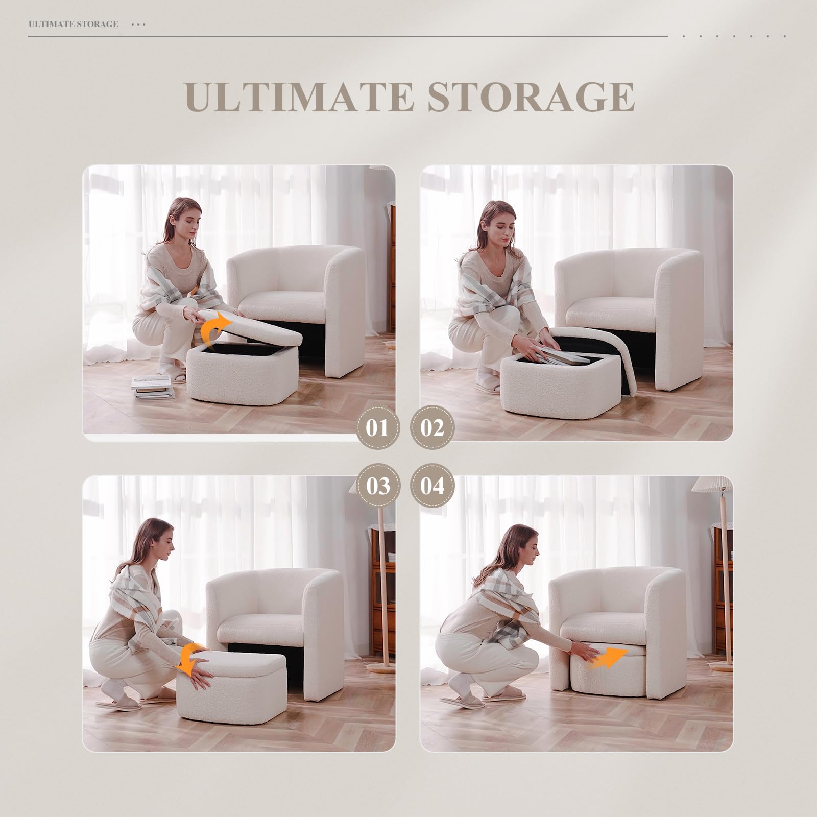 COLAMY Sherpa Barrel Accent Chair with Storage Ottoman - Modern Living Room Armchair, Cozy Lounge Seat for Bedroom, Office & Reading Nook - Cream Upholstered Comfort Chair (Perfect for Small Spaces & Relaxation)