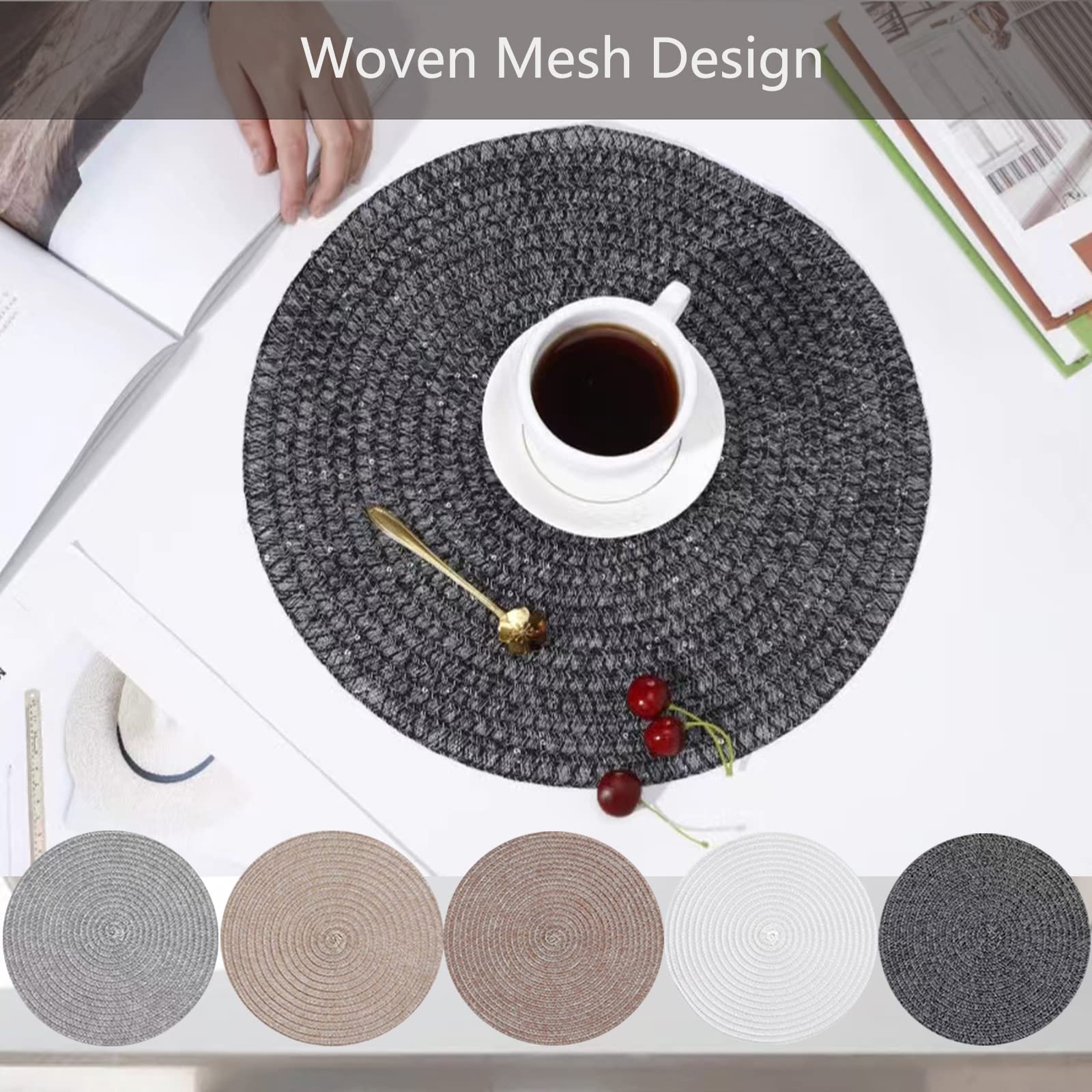 DACHUI 15 Inch Round Placemats Set of 6 - Washable Dark Grey Table Mats for Dining Room, Kitchen, and Outdoor Picnics - Non-Slip Waterproof Place Mats for Everyday Use and Special Occasions