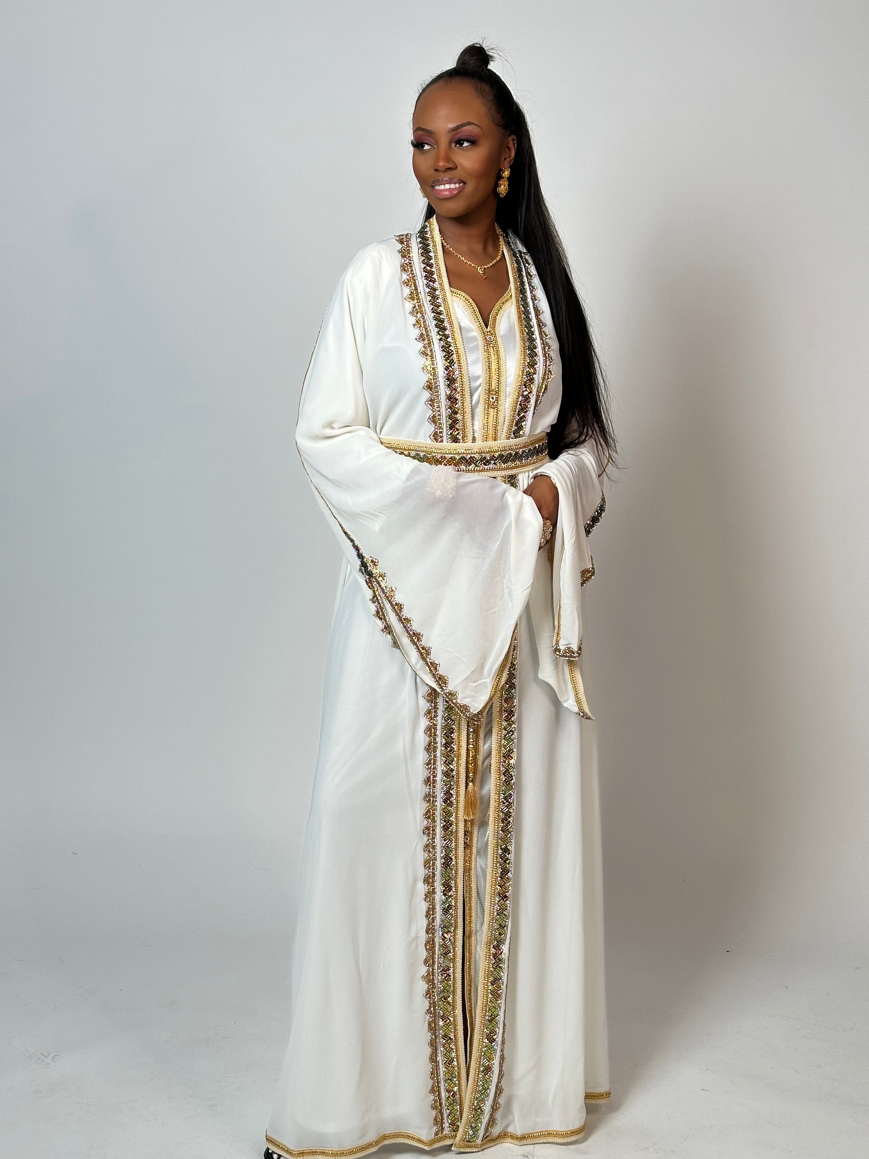 Elegant White and Gold Kaftan Dress for Women - Boho Chic Beach Cover Up, Pool Party, Summer Vacation & Resort Wear