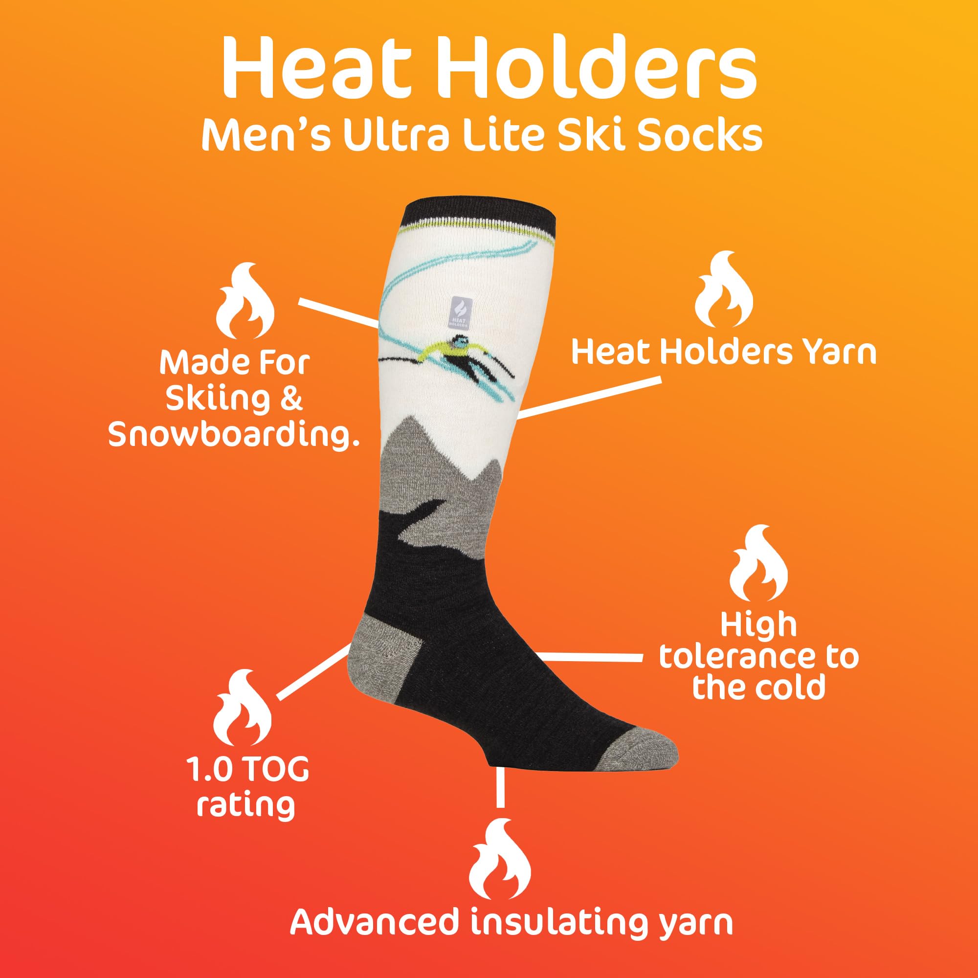 Heat Holders Men's Ultra Thin Lightweight Thermal Socks - Knee High Winter Socks for Skiing, Snowboarding & Cold Weather Outdoor Activities