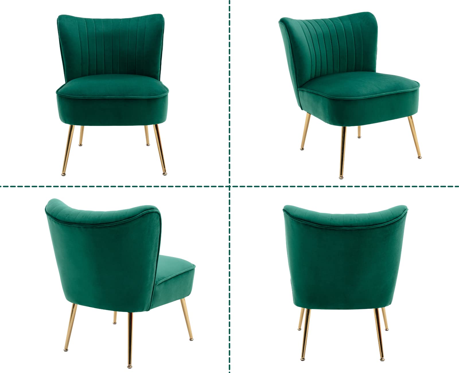 Velvet Accent Chairs Set of 2 - Mid-Century Modern Upholstered Side Chairs with Golden Legs, Comfy Armless Wingback Sofa for Living Room, Guest Room & Bedroom - Green Velvet Fabric for Elegant Home Decor