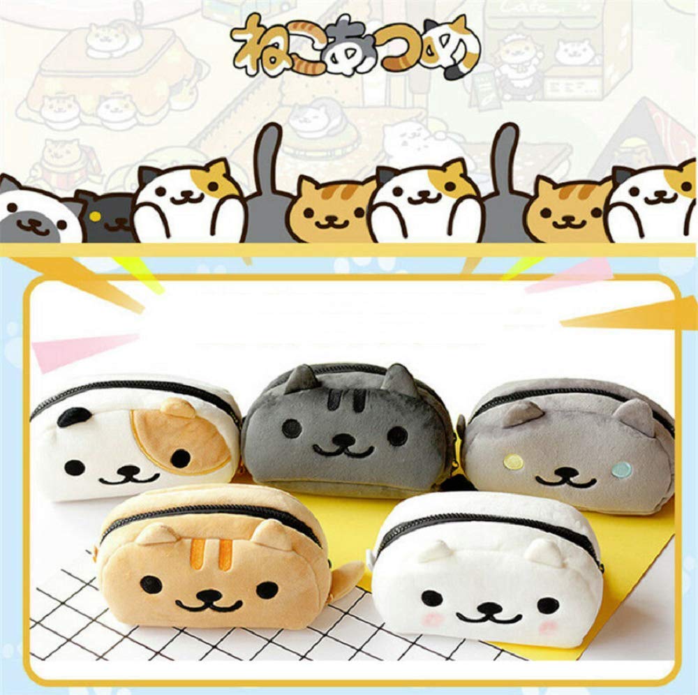 GK-O Neko Atsume Cute Cat Plush Pencil Case - Cartoon Makeup Cosmetic Bag for School & Travel (Deep Gray with Black Eyes) - Perfect for Students, Office & Gift Giving