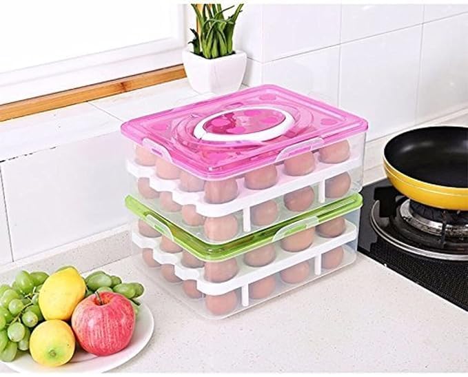 32 Grid Double Layer Plastic Egg Storage Box with Lid & Tray - Refrigerator Organizer for Eggs, Fruits & Vegetables | Kitchen Food Container for Home & Restaurant Use