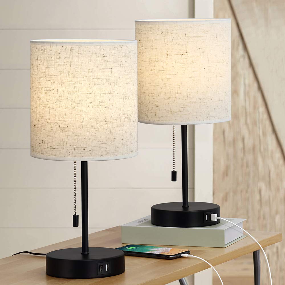 USB Table Lamp Set of 2 - Bedside Nightstand Lamp with Dual USB Charging Ports, Fabric Shade Desk Reading Light for Living Room, Bedroom, Office - Perfect for Night Reading, Charging Devices & Home Decor