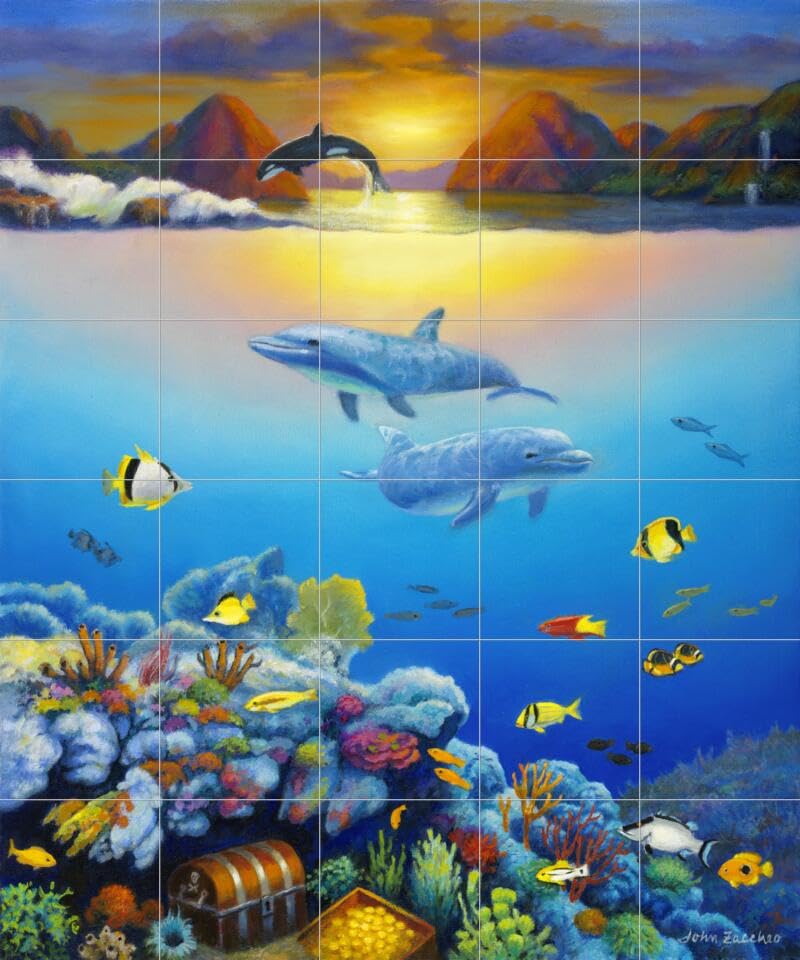 Ceramic Backsplash Tile Mural - Dolphin & Whale Underwater Ocean Scene - Seascape Art by John Zaccheo - Perfect for Kitchen, Bathroom & Shower Walls - Waterproof & Easy to Clean